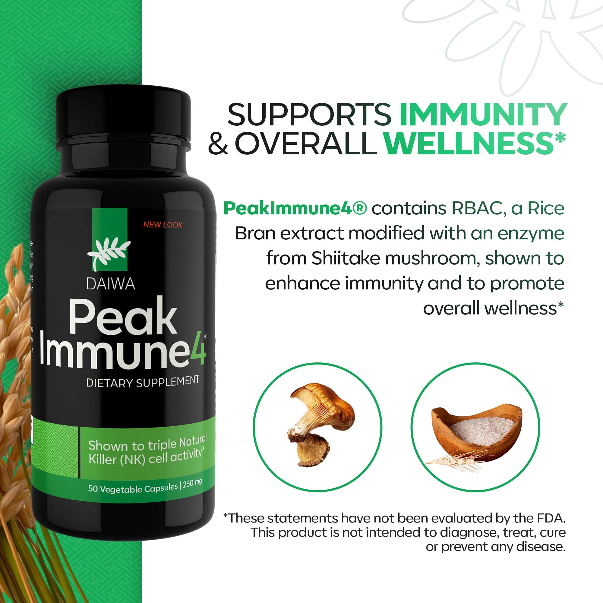 Daiwa PeakImmune4® – Immune Support Supplement for Adults with Rice Bran Arabinoxylan Compound (RBAC) and Shiitake Mushroom Enzyme – 50 Capsules - Image 3