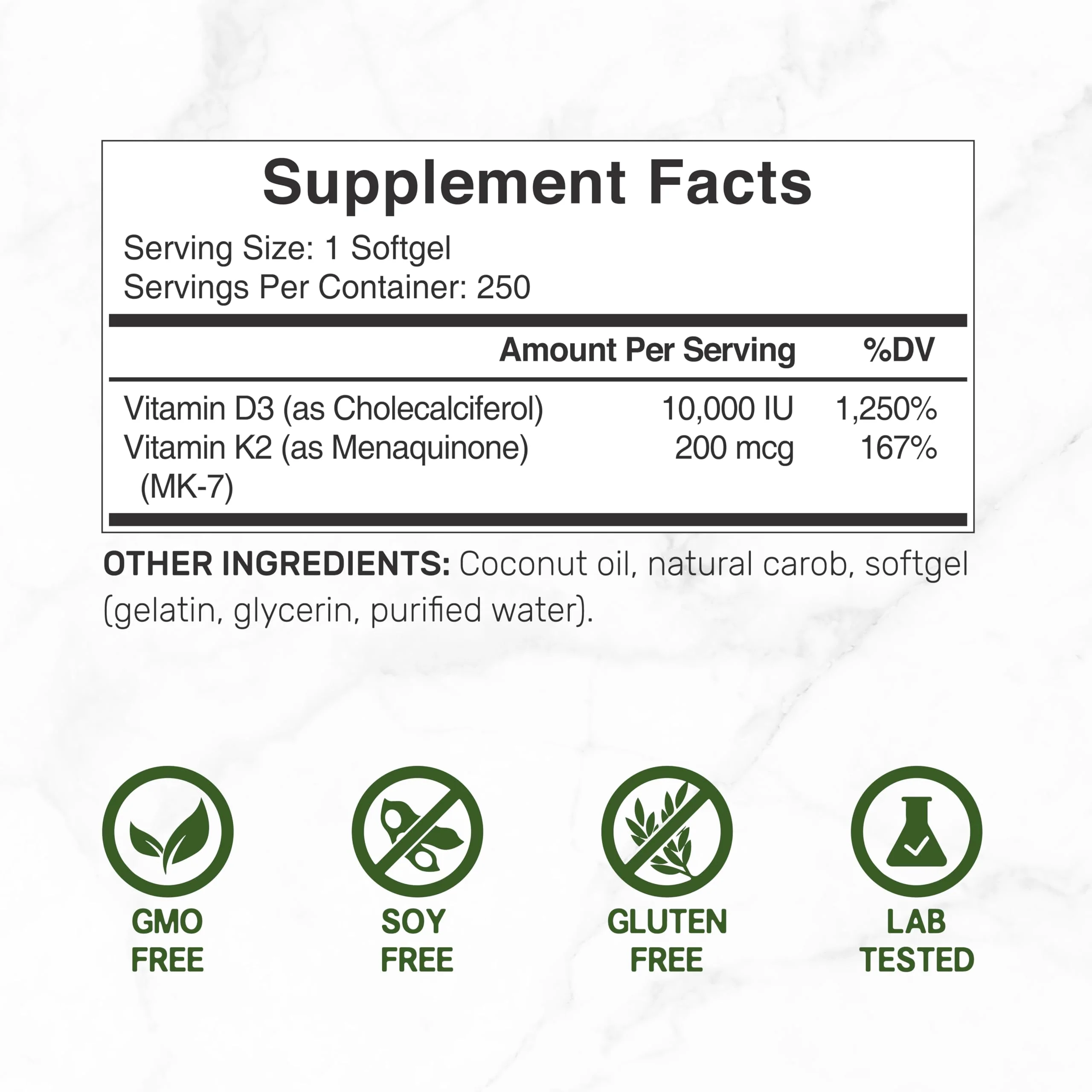 DEAL SUPPLEMENT Vitamin D3 10,000 IU + K2 MK7 200mcg Softgels – 2-in-1 Coconut Oil Carrier, 250 Count - Image 2