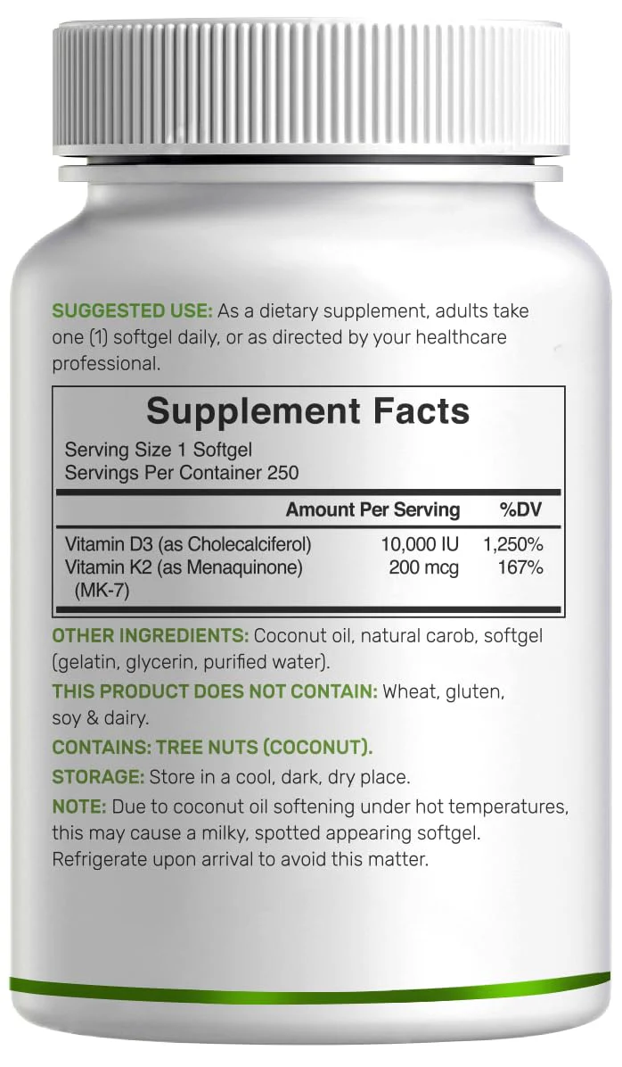 DEAL SUPPLEMENT Vitamin D3 10,000 IU + K2 MK7 200mcg Softgels – 2-in-1 Coconut Oil Carrier, 250 Count - Image 8