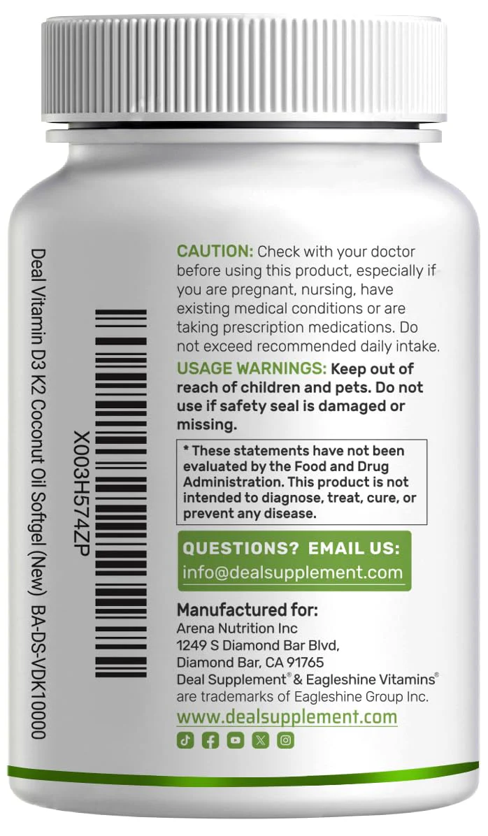 DEAL SUPPLEMENT Vitamin D3 10,000 IU + K2 MK7 200mcg Softgels – 2-in-1 Coconut Oil Carrier, 250 Count - Image 9