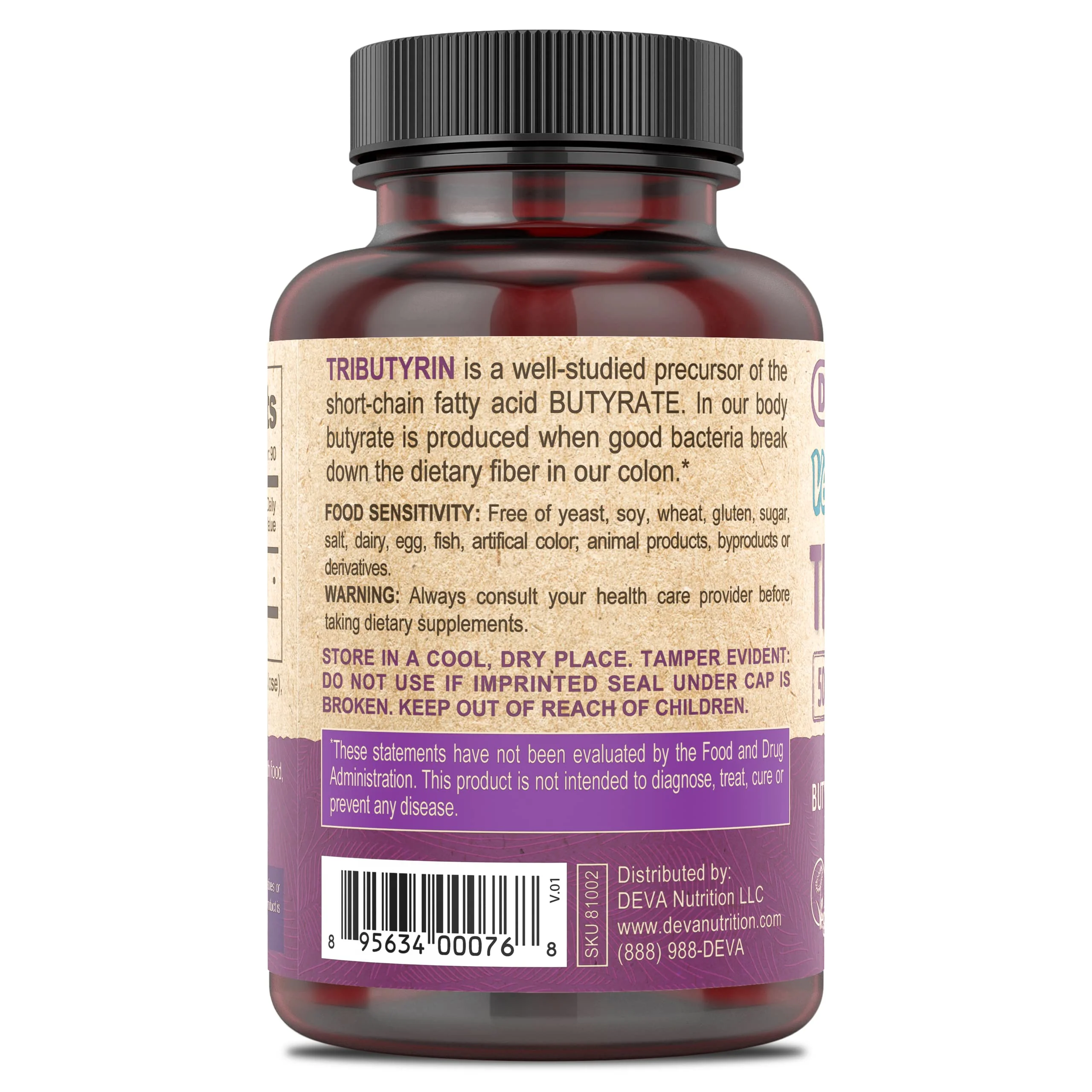 DEVA Vegan Tributyrin Supplement - 500 mg Butyrate Precursor, Gut Barrier Support, 90 Capsules per bottle (Pack of 2) - Image 2