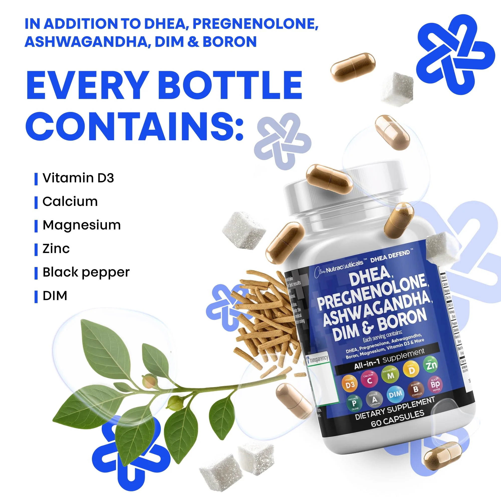 DHEA 200mg & Pregnenolone 100mg Supplement for Men & Women – DIM, Ashwagandha, Boron 6mg, Calcium Magnesium Zinc, Vitamin D3 5000 IU | Made in USA 60 Ct - Image 7