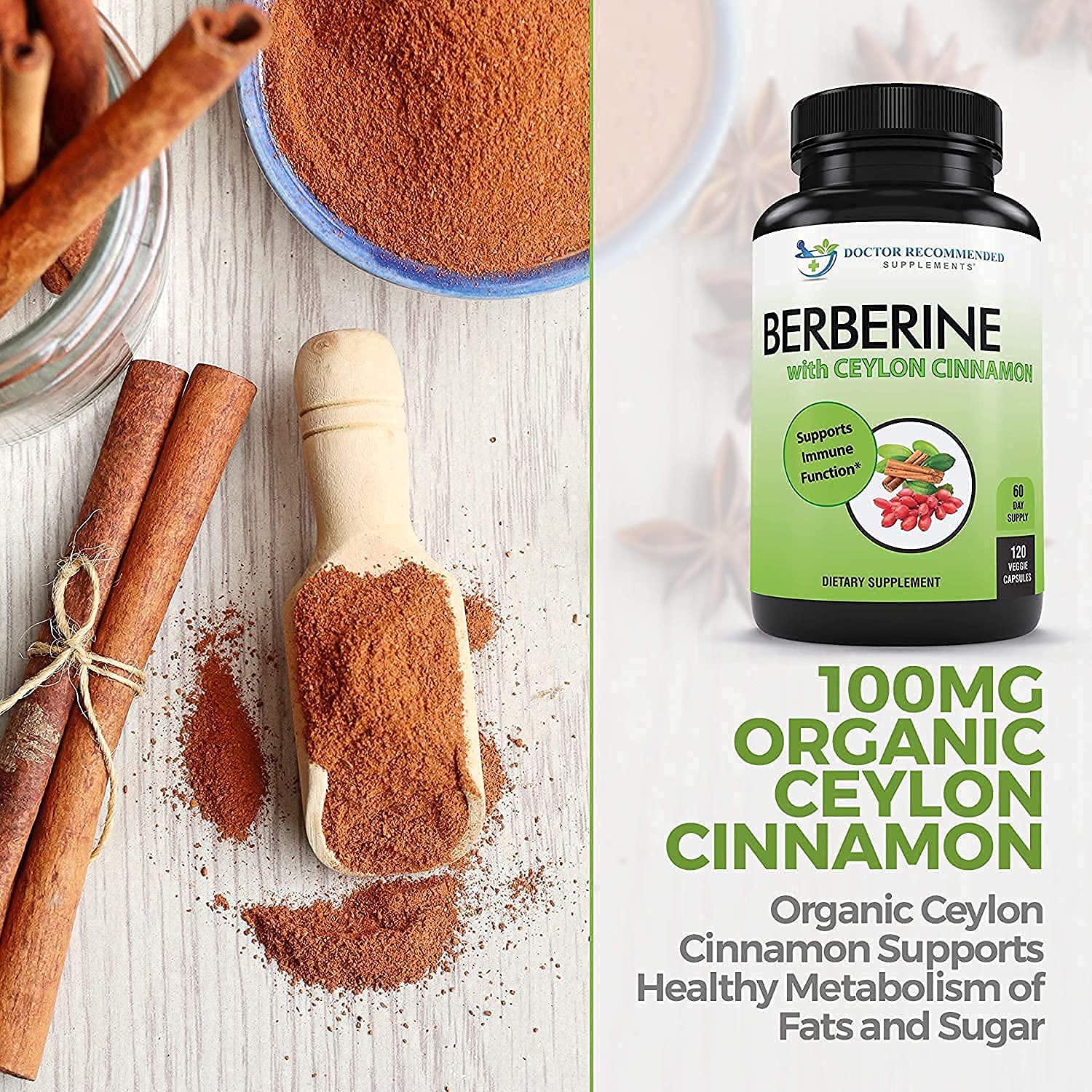 Doctor Recommended Supplements Berberine with Ceylon Cinnamon – 360 Veggie Capsules (Pack of 3) | 1200mg Berberine + 100mg Cinnamon - Image 3