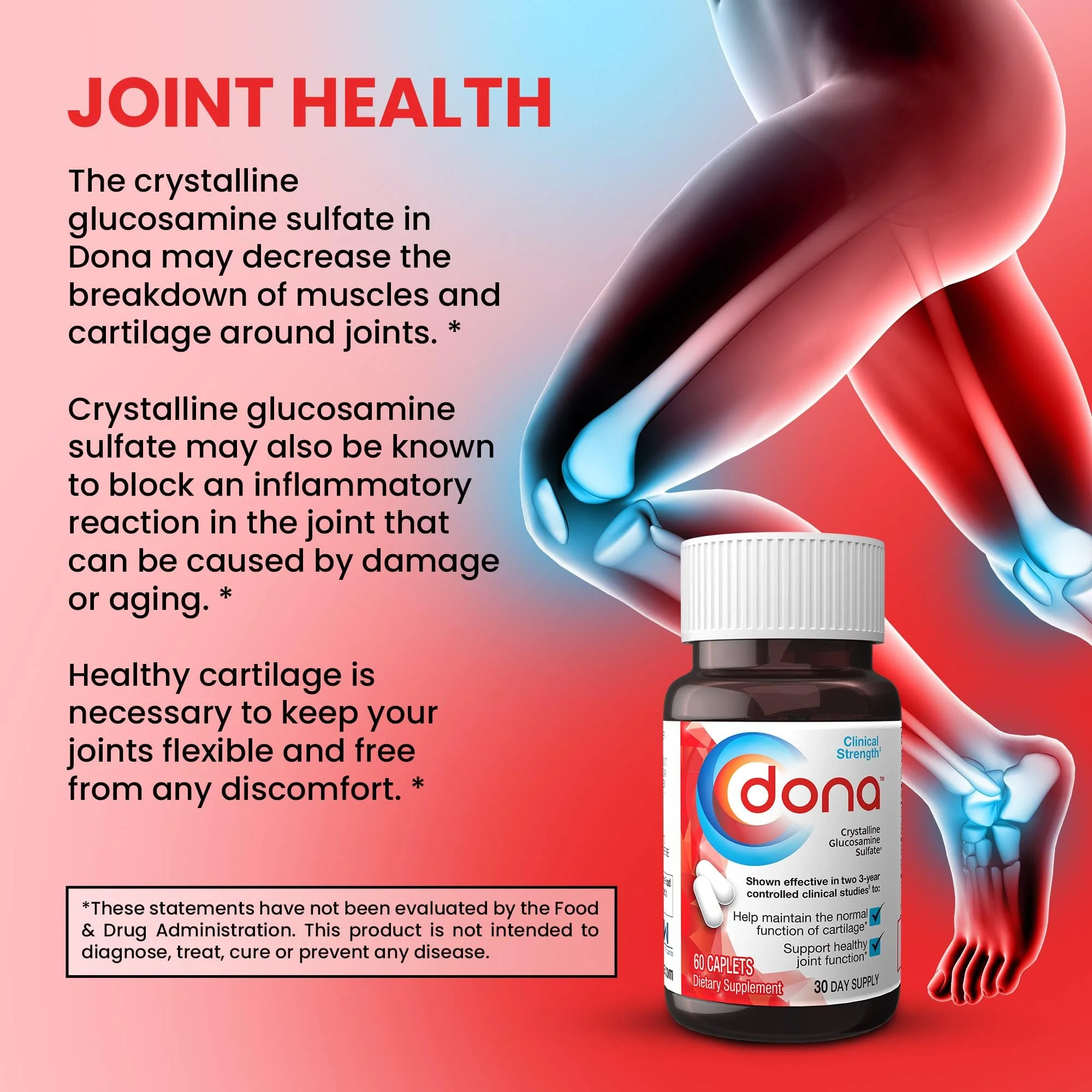 Dona Crystalline Glucosamine Sulfate 750 mg | Joint Health & Knee Comfort | 60 Count (2-Pack) - Image 6