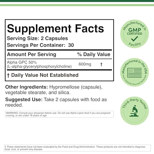 Double Wood Alpha GPC Choline Brain Supplement – 60 Count, 600 mg – Memory, Focus & Brain Support (USA Made) Pack of 2 - Image 2