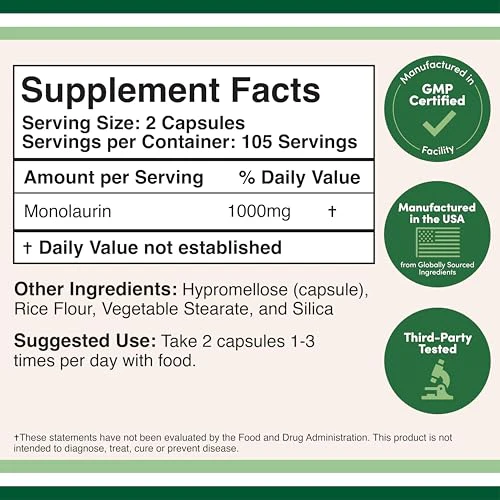 Double Wood Monolaurin Immune Support – 1,000mg per Serving, 210 Capsules (Vegan, Non-GMO, Gluten Free) – Pack of 2 - Image 2