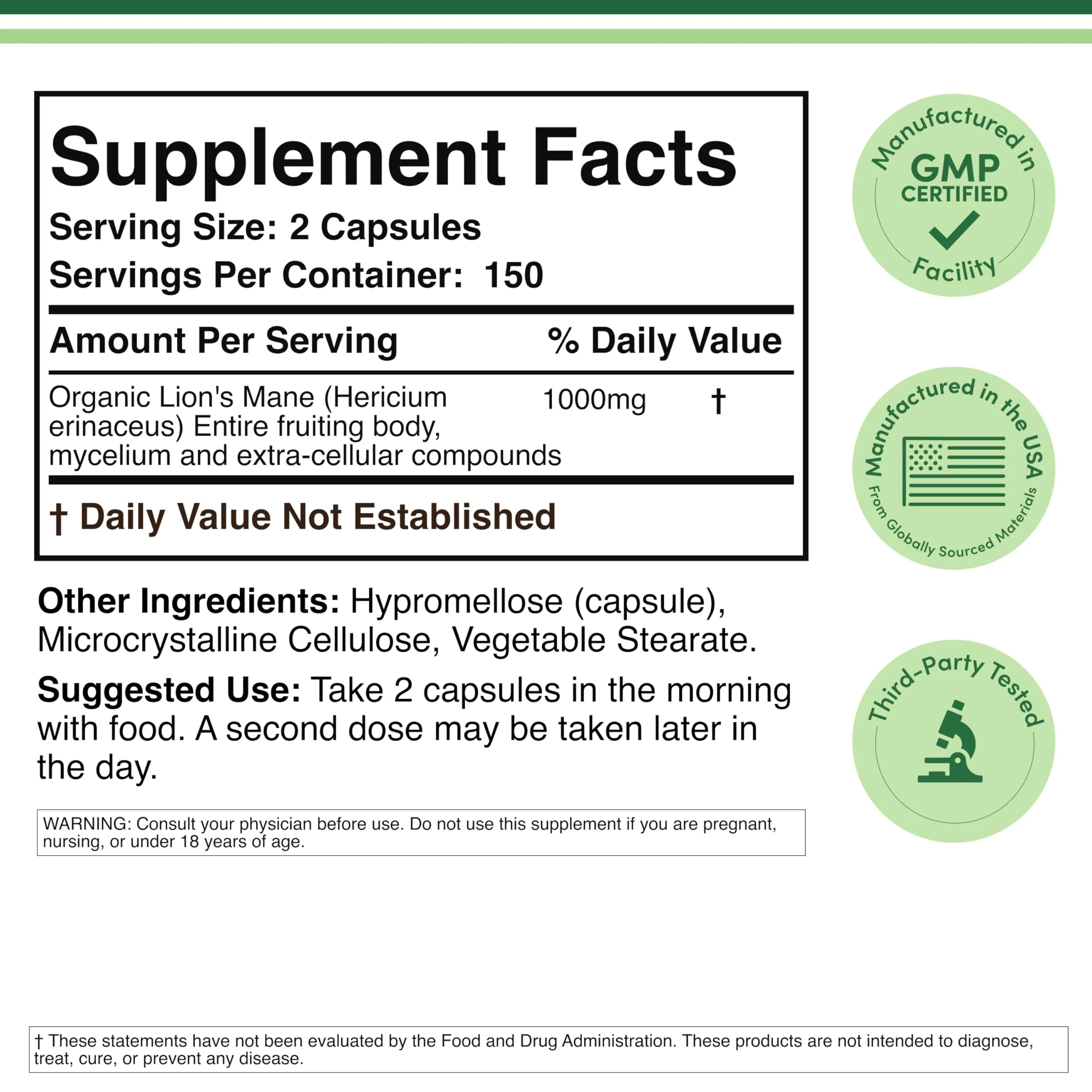 Double Wood Organic Lions Mane Capsules (300 ct) – Focus & Immune Support, USA-Grown - Image 2