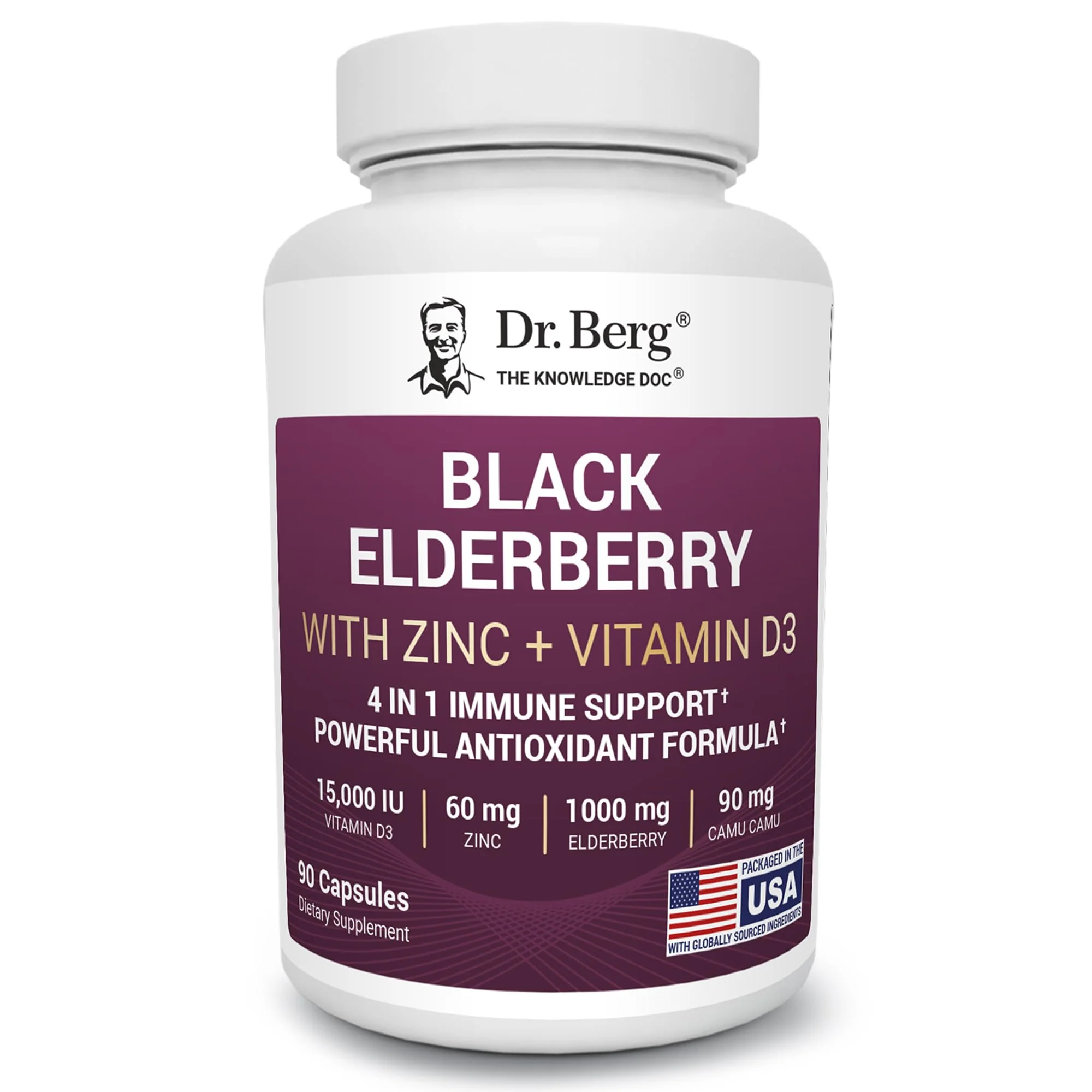 Dr. Berg Black Elderberry Capsules (4-in-1) with 15,000 IU Vitamin D, 60 mg Zinc & 90 mg Camu Camu – Advanced Immune Support, 90 Capsules