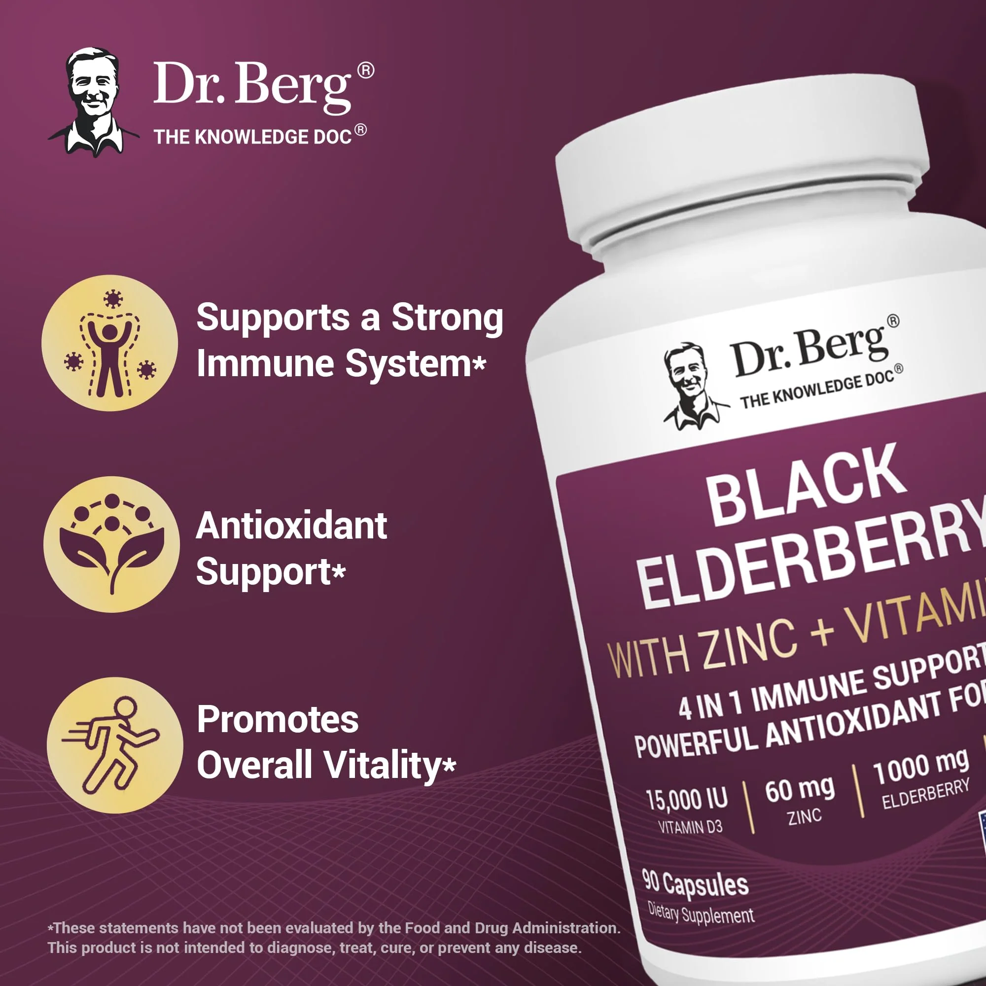 Dr. Berg Black Elderberry Capsules (4-in-1) with 15,000 IU Vitamin D, 60 mg Zinc & 90 mg Camu Camu – Advanced Immune Support, 90 Capsules - Image 4
