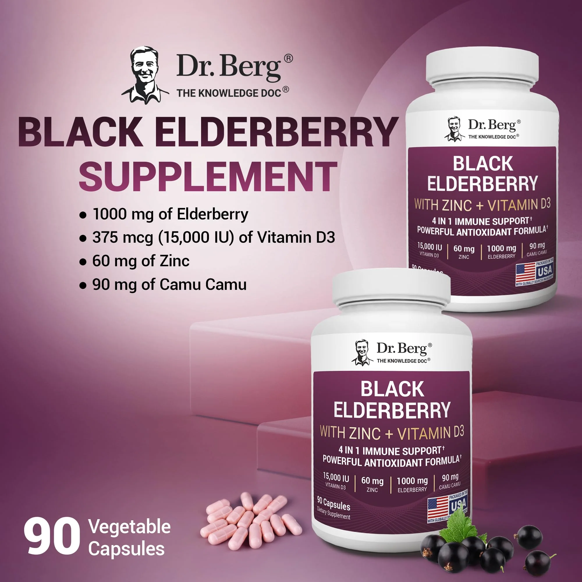 Dr. Berg Black Elderberry Capsules (4-in-1) with 15,000 IU Vitamin D, 60 mg Zinc & 90 mg Camu Camu – Advanced Immune Support, 90 Capsules - Image 5