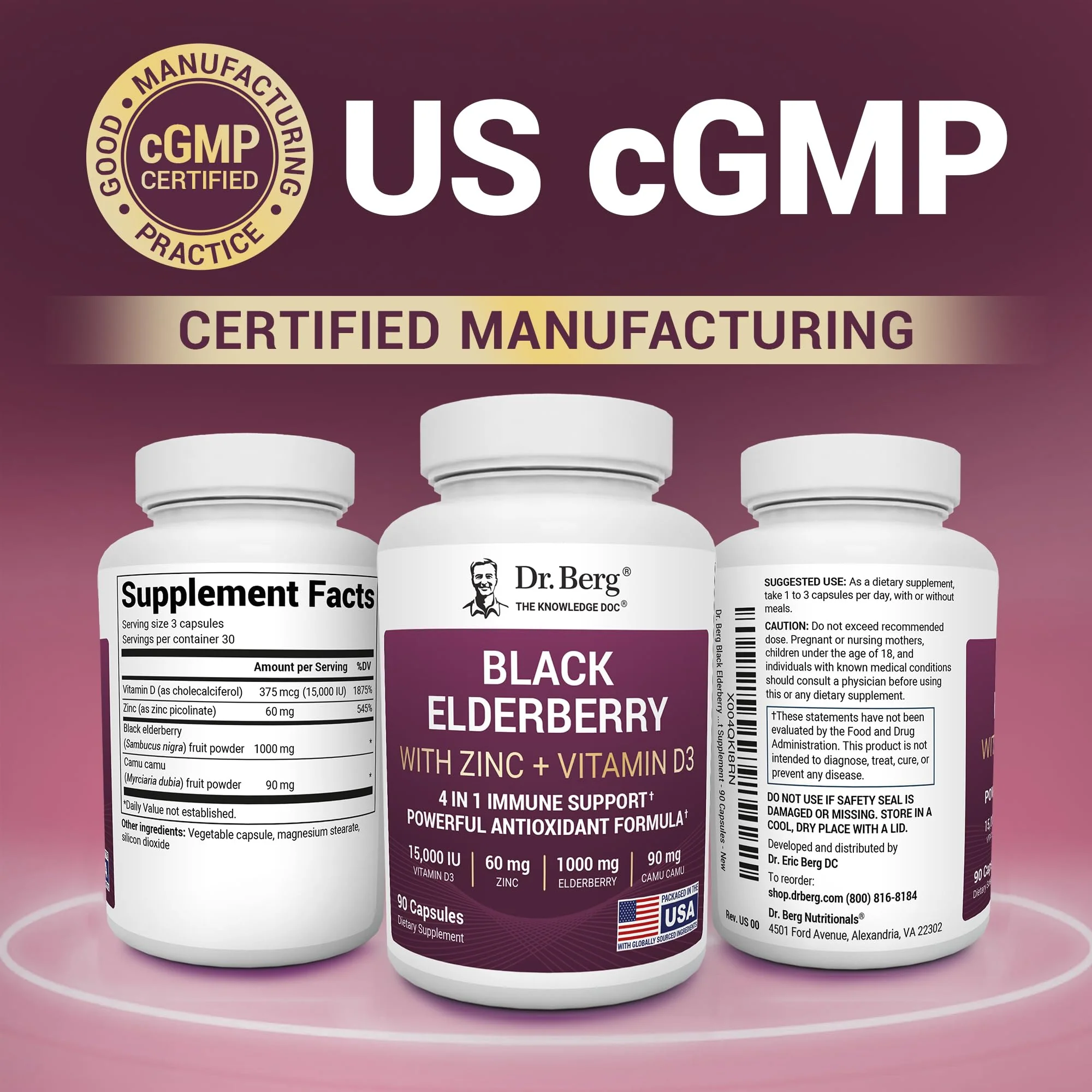Dr. Berg Black Elderberry Capsules (4-in-1) with 15,000 IU Vitamin D, 60 mg Zinc & 90 mg Camu Camu – Advanced Immune Support, 90 Capsules - Image 6