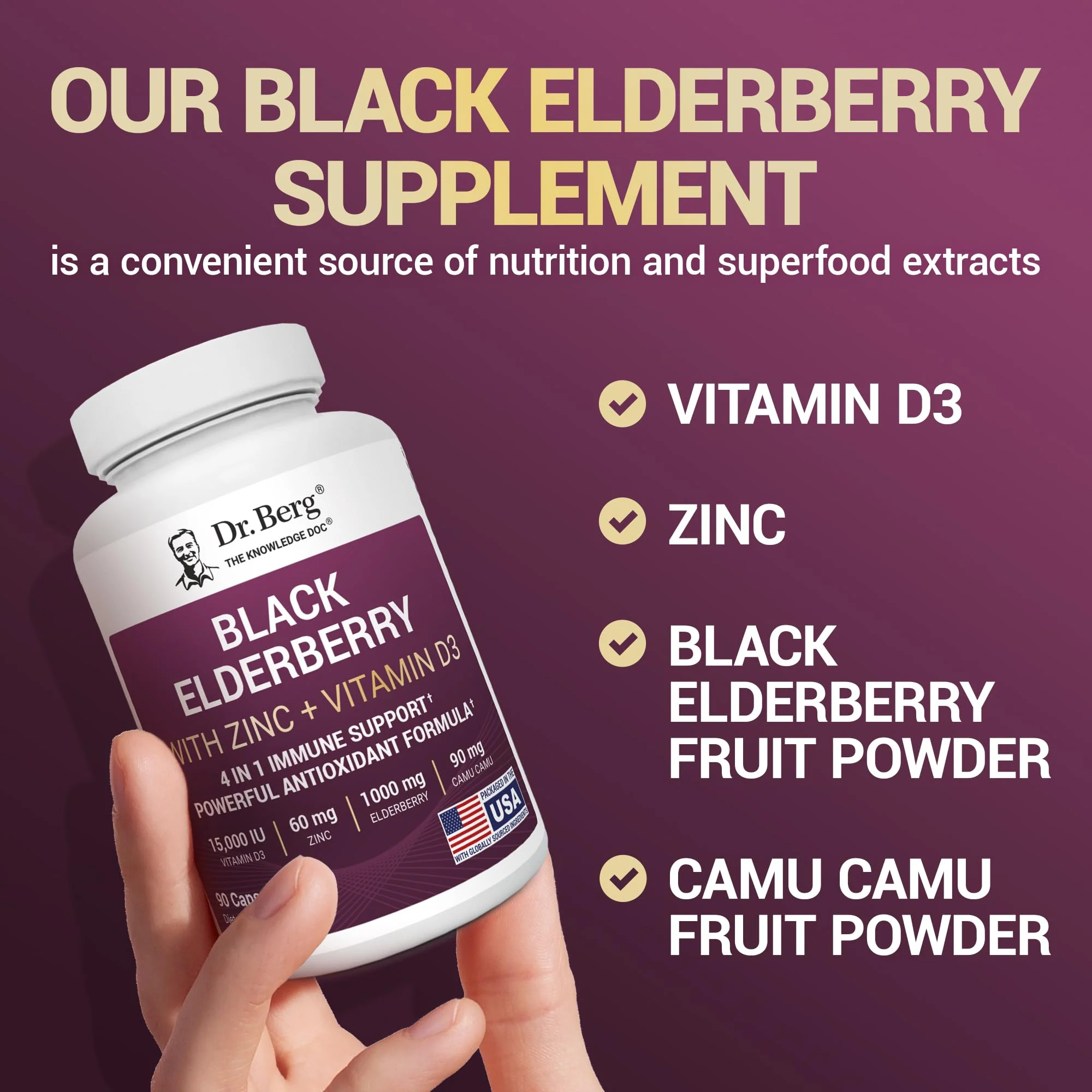 Dr. Berg Black Elderberry Capsules (4-in-1) with 15,000 IU Vitamin D, 60 mg Zinc & 90 mg Camu Camu – Advanced Immune Support, 90 Capsules - Image 7