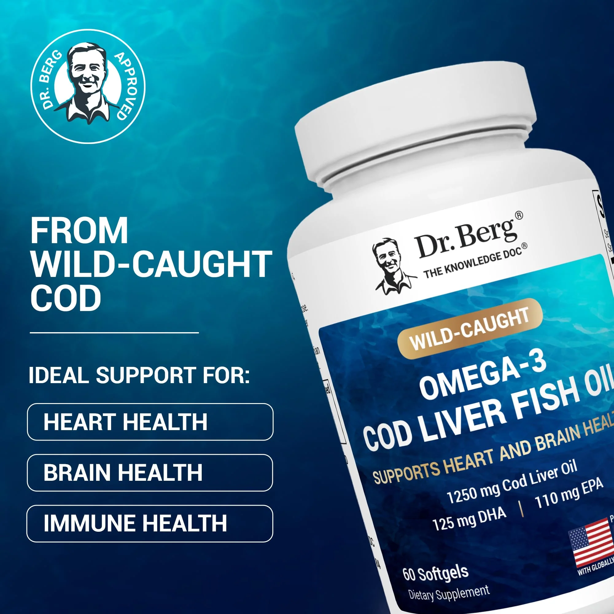 Dr. Berg Maximum Strength Omega-3 Cod Liver Oil 1250 mg – Wild-Caught Cod | Lemon Flavor | EPA/DHA | 60 Softgels - Image 2