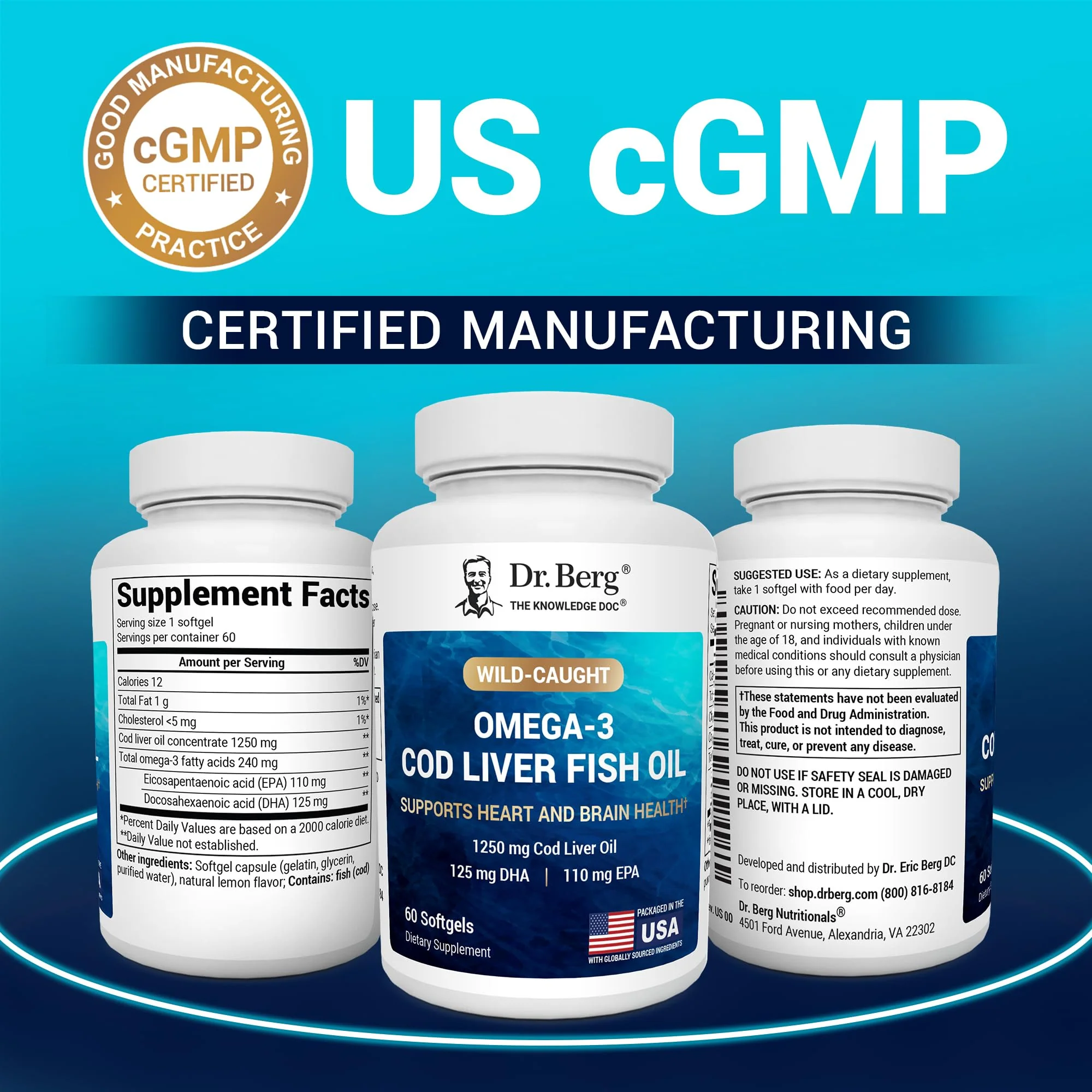 Dr. Berg Maximum Strength Omega-3 Cod Liver Oil 1250 mg – Wild-Caught Cod | Lemon Flavor | EPA/DHA | 60 Softgels - Image 5