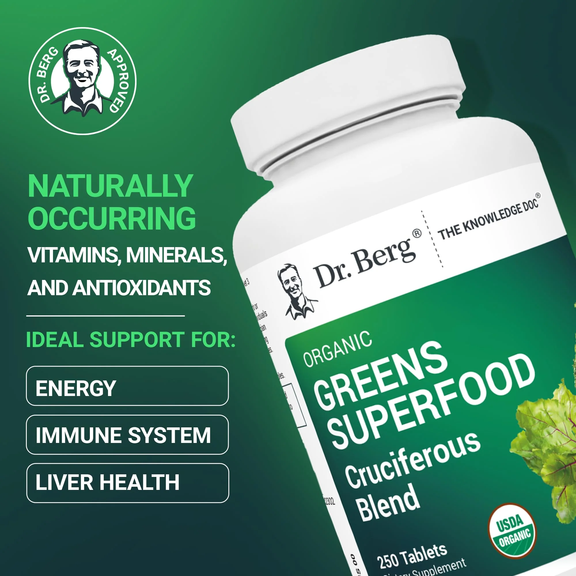 Dr Berg Nutritionals Greens Superfood Tablets – 11 Phytonutrient Cruciferous Veg, 250 Tablets - Image 2