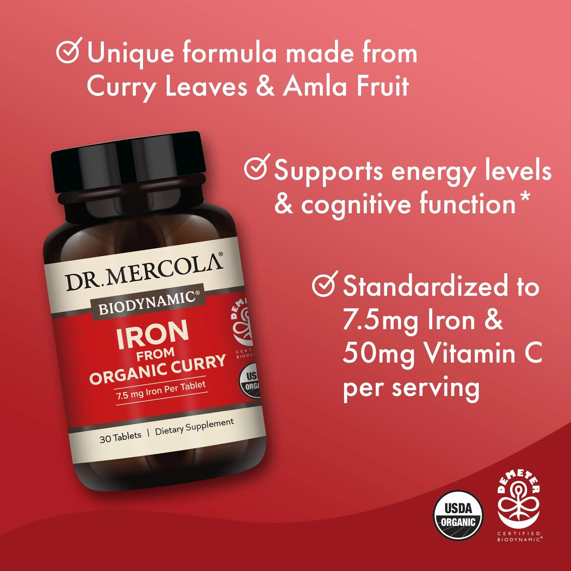 Dr. Mercola Iron from Organic Curry – 2 Pack, 30 Servings, 7.5 mg Iron | USDA Organic, Non-GMO - Image 3