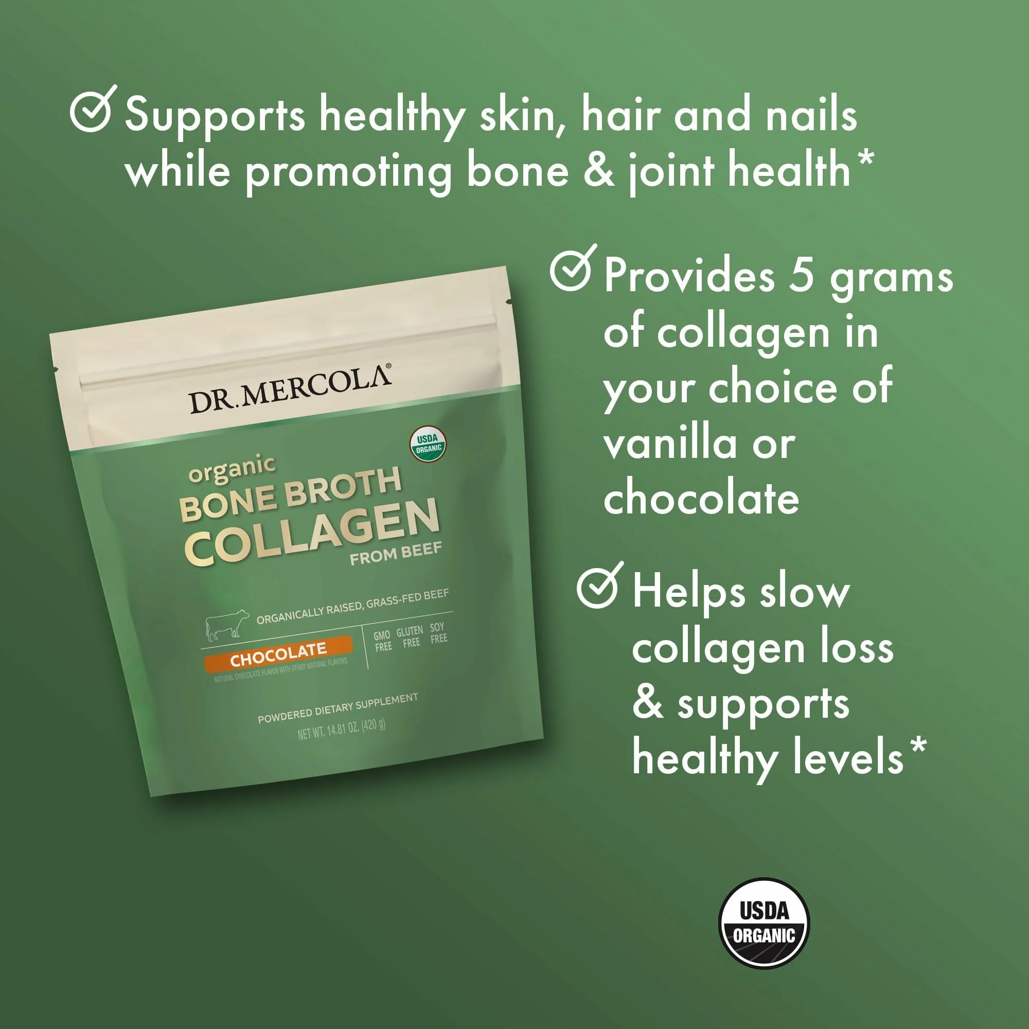 Dr. Mercola Organic Bone Broth Collagen Powder - Supports Bone Health & Muscle Growth - USDA Organic, Non-GMO, Gluten-Free & Dairy-Free - 30 Servings - Chocolate Flavor - Image 5