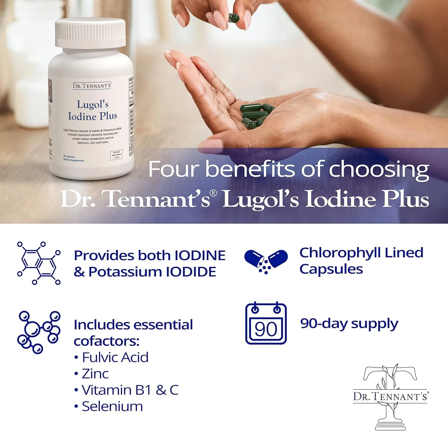 Dr. Tennant's Iodine Supplement Plus | Lugol's Iodine & Potassium Iodide with Selenium & Zinc | Supports Thyroid & Breast Health | 90 Capsules - Image 4