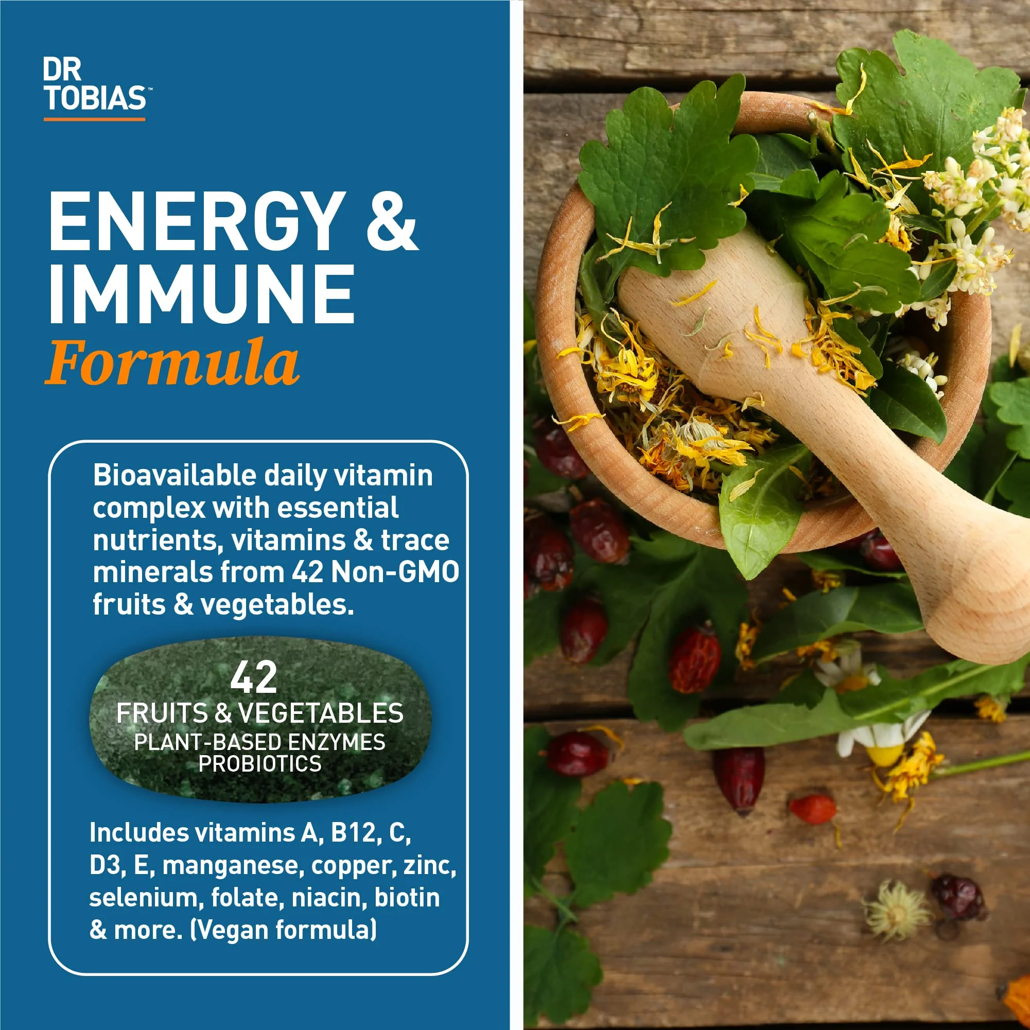 Dr. Tobias Adult Multivitamin for Women & Men – Immune Support, 42 Fruits & Vegetables, Vegan, Non-GMO, 180 Tablets - Image 8