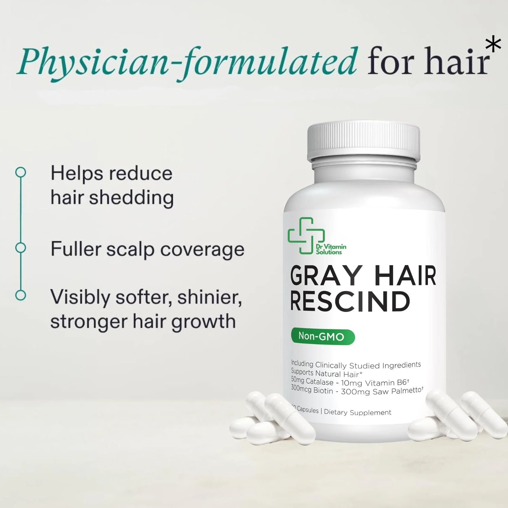 DR VITAMIN SOLUTIONS Gray Hair Rescind with Catalase - Antiaging Hair, Skin and Nails Vitamins, Pantothenic Acid, Folic Acid 400mcg, Biotin 300mcg, Saw Palmetto for Men and Women - Image 6