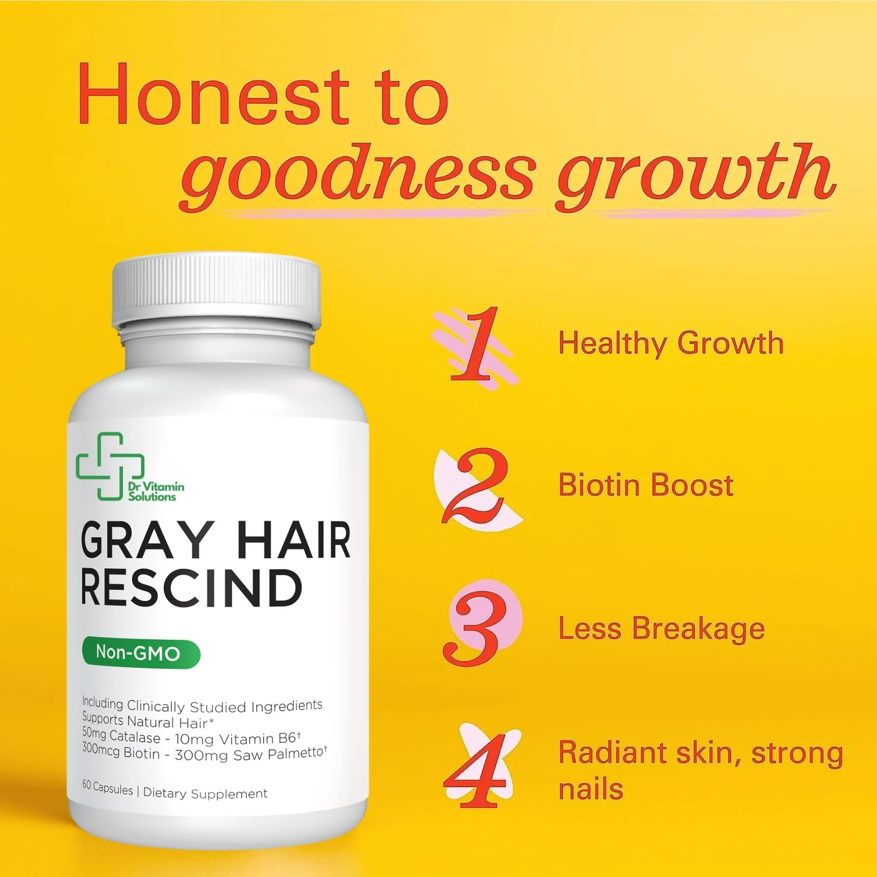 DR VITAMIN SOLUTIONS Gray Hair Rescind with Catalase - Antiaging Hair, Skin and Nails Vitamins, Pantothenic Acid, Folic Acid 400mcg, Biotin 300mcg, Saw Palmetto for Men and Women - Image 8