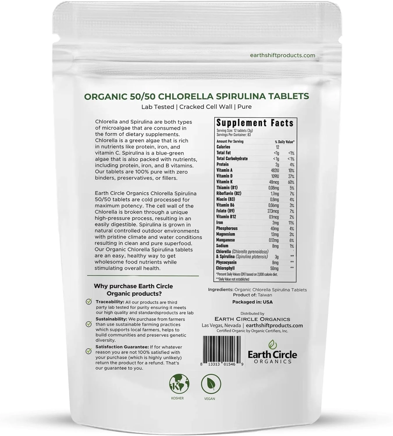 Earth Circle Organics Premium Organic Chlorella & Spirulina Tablets 1000 Count (50/50) – Cracked Cell Wall for Maximum Absorption | Vegan, Kosher Green Algae Superfood | Pack of 2 - Image 3