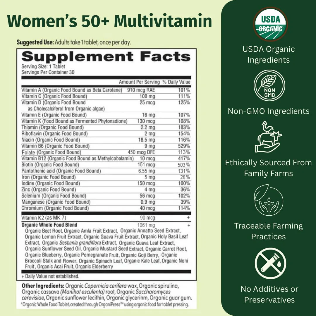 EarthFirst Organic Once Daily Multivitamin for Women 50+ - Bone, Energy & Heart Health (60 Count) - Image 11