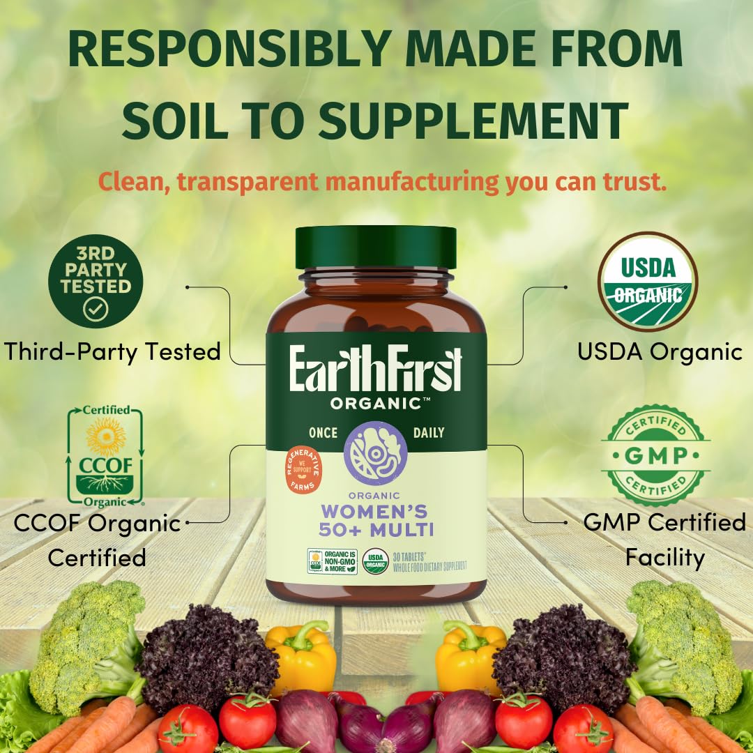 EarthFirst Organic Once Daily Multivitamin for Women 50+ - Bone, Energy & Heart Health (60 Count) - Image 15