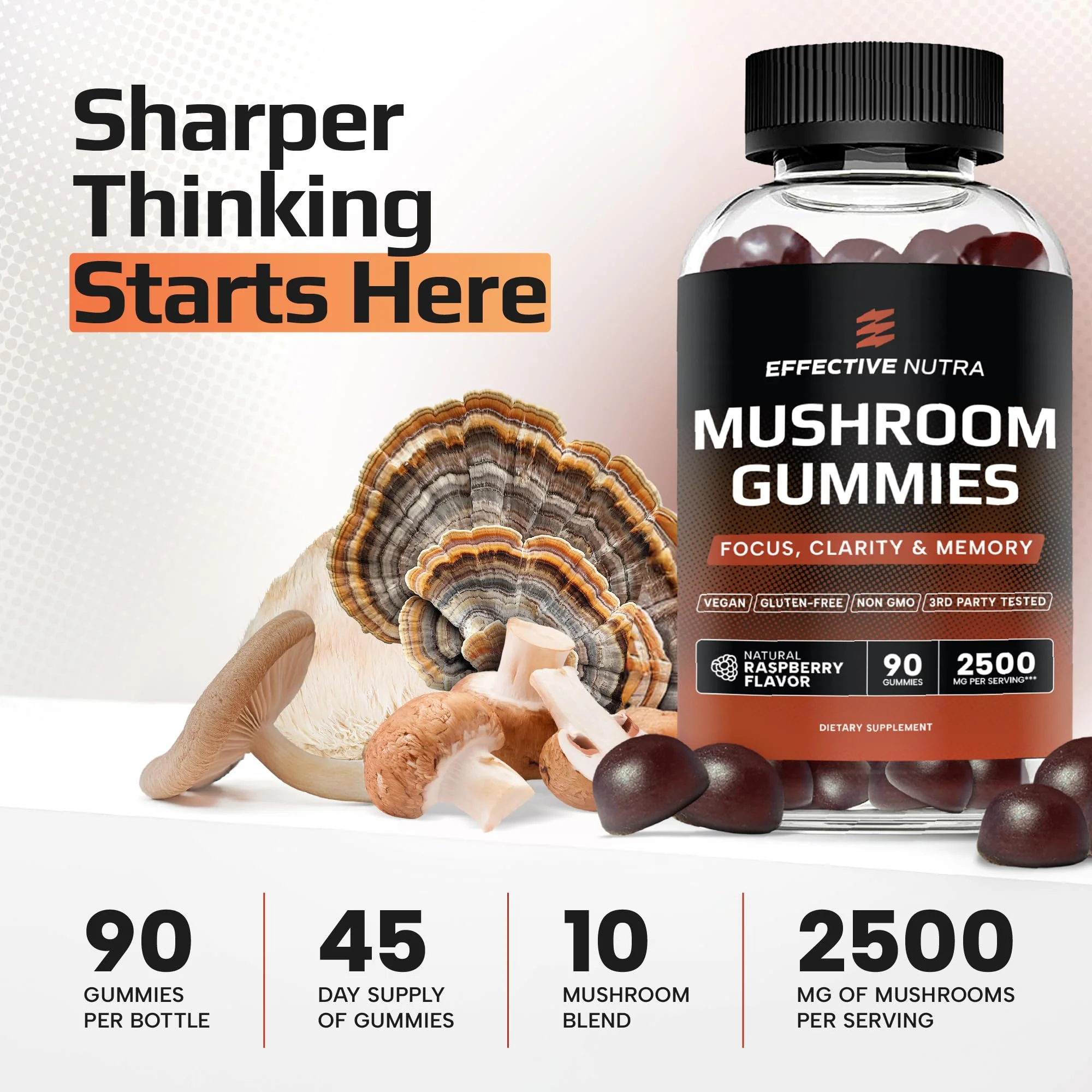 Effective Nutra Mushroom Gummies 2500mg - 10-in-1 Lion’s Mane, Reishi, Chaga, Cordyceps & More - Focus, Clarity, Memory - Raspberry Flavor, Vegan, Made in USA (2-Pack) - Image 2