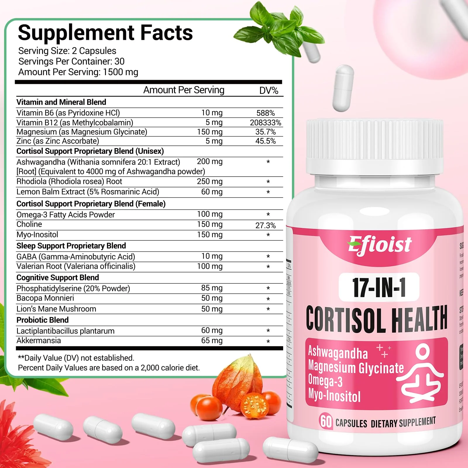 Efioist Cortisol Support for Women — 17-in-1 Hormone Harmony, Mood & Sleep | 60 Capsules - Image 14