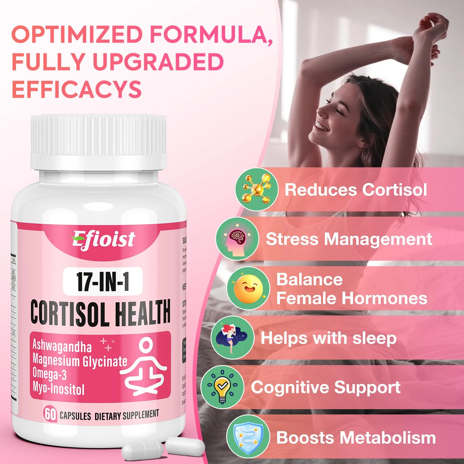 Efioist Cortisol Support for Women — 17-in-1 Hormone Harmony, Mood & Sleep | 60 Capsules - Image 6