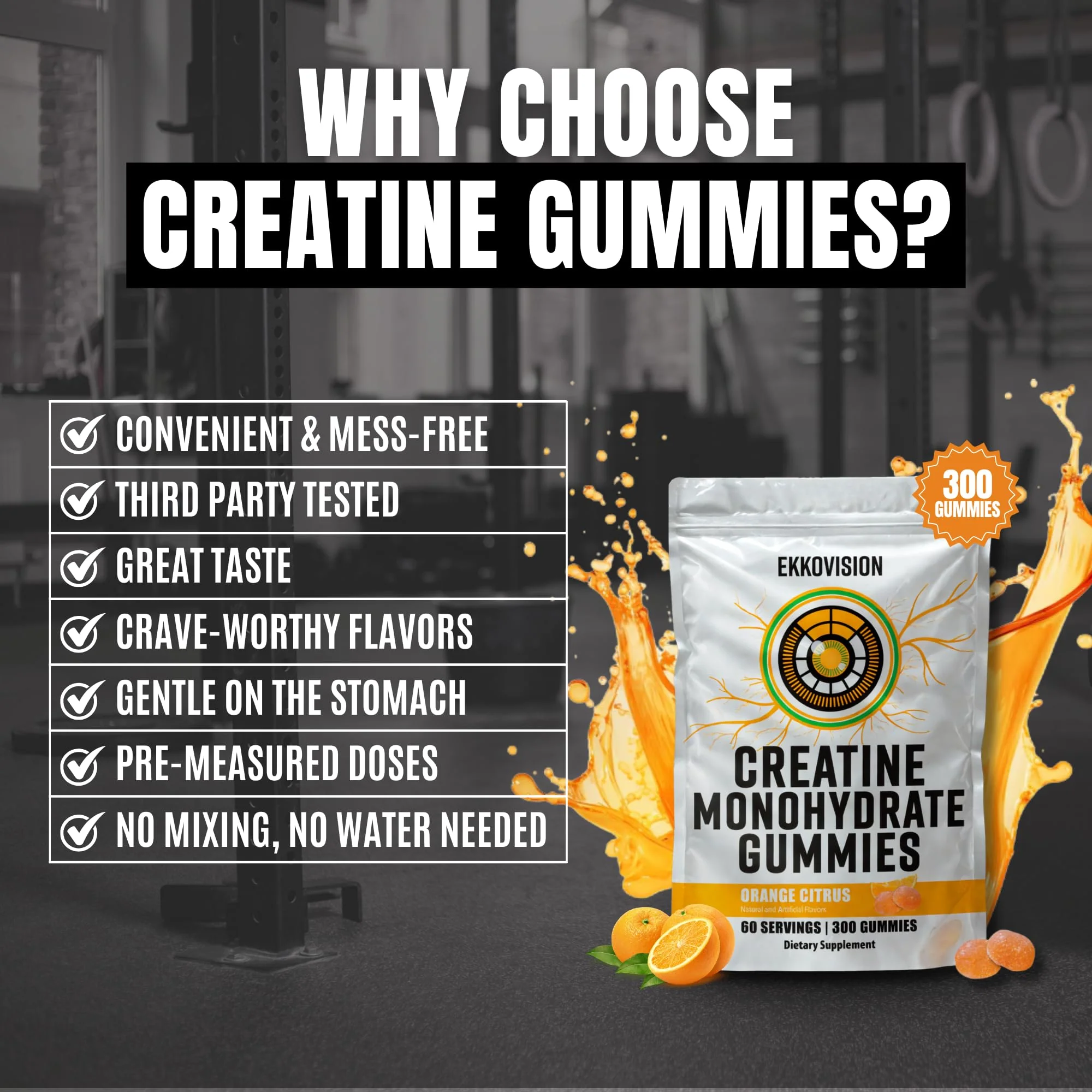 Ekkovision Creatine Monohydrate Gummies – Orange Citrus, Sugar Free, 300 Count - Image 10