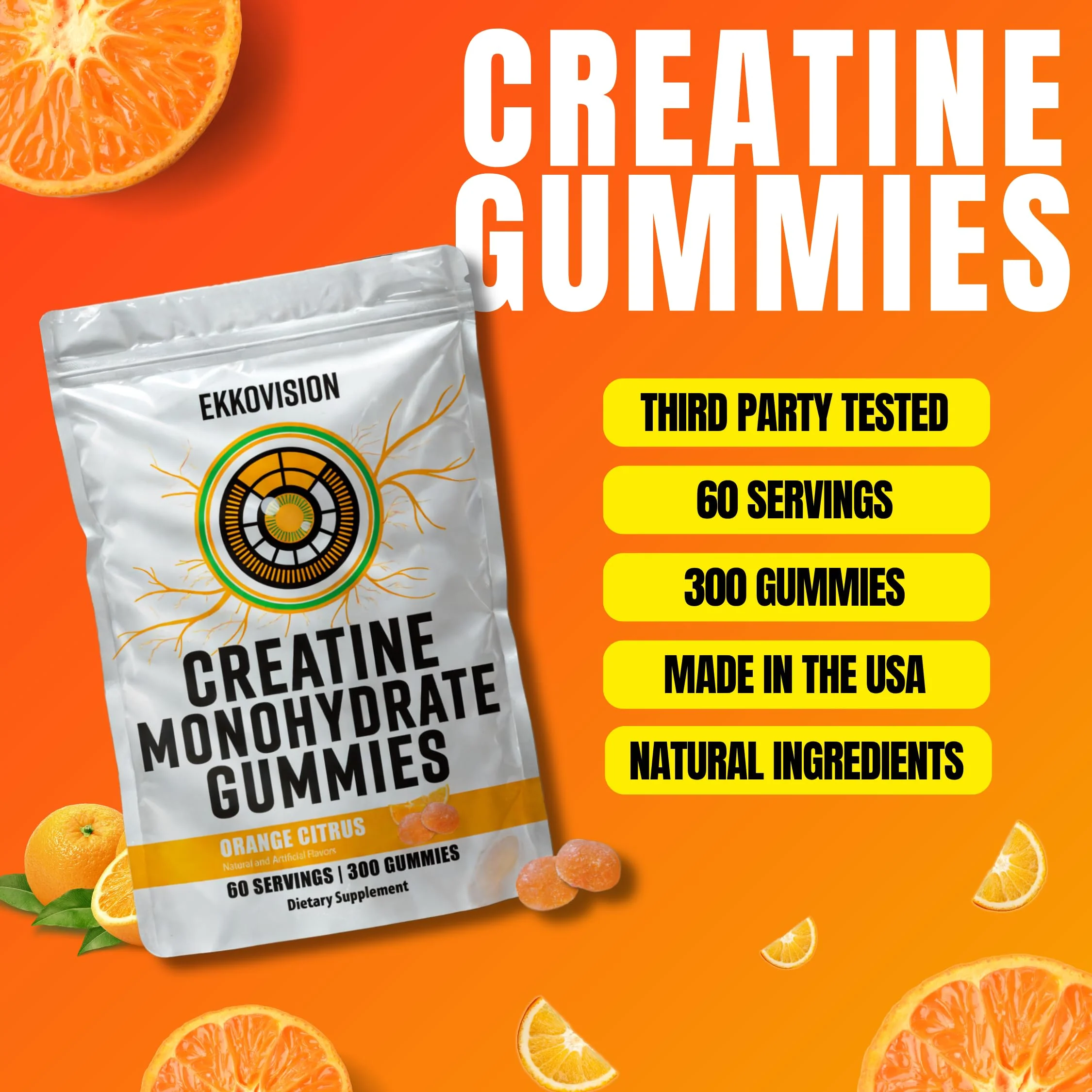 Ekkovision Creatine Monohydrate Gummies – Orange Citrus, Sugar Free, 300 Count - Image 9