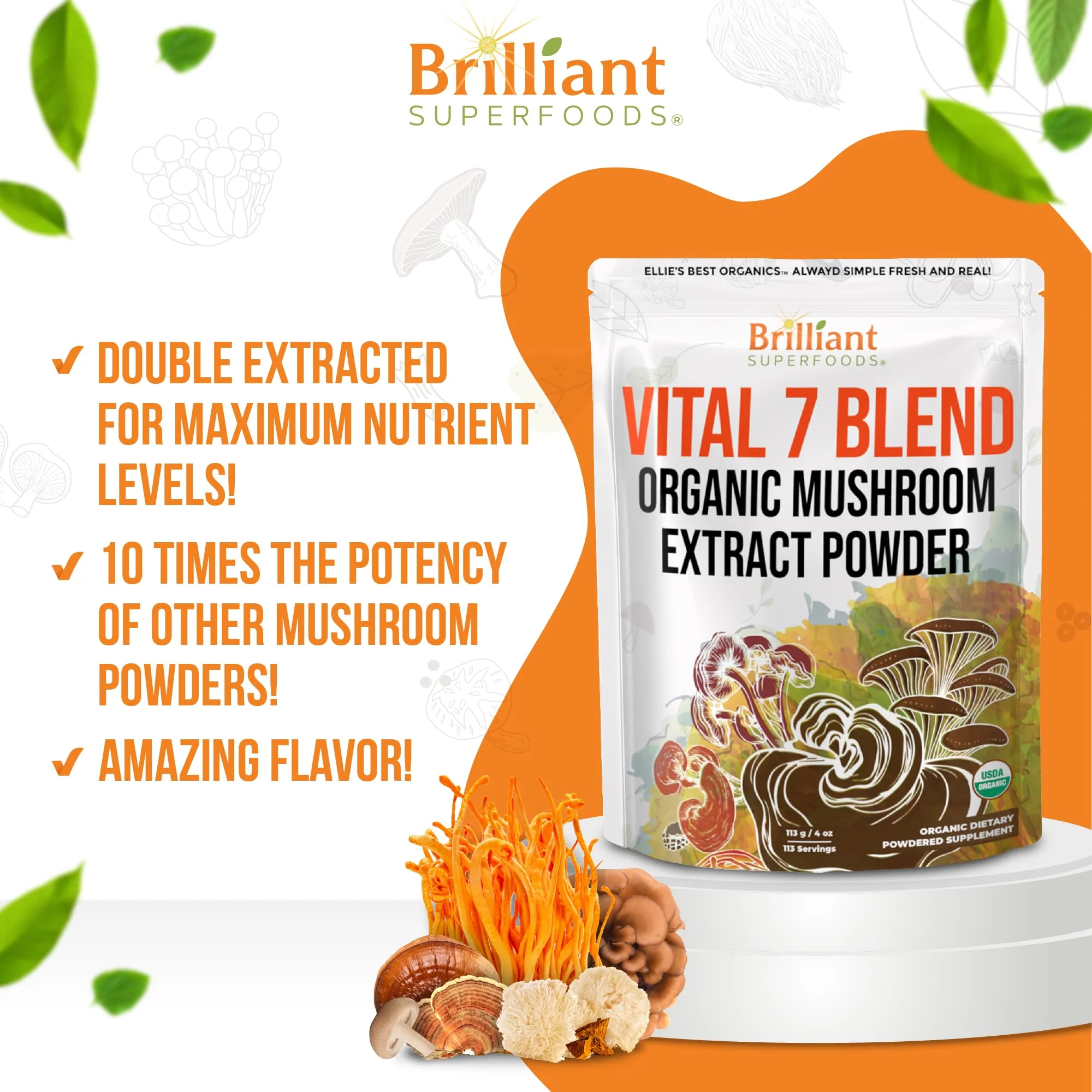 Ellie's Best 7 Mushroom Powder Extract Blend – Organic Reishi, Lion's Mane, Chaga, Turkey Tail, Cordyceps, Maitake & Shiitake – Double Extracted – 16oz / 456 Servings - Image 2