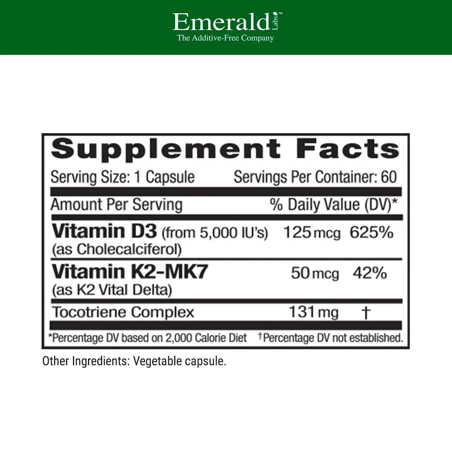 EMERALD LABS Vitamin D3+K2 5000 IU MK-7 - 60 Veg Capsules (Pack of 2) for Bone & Heart Health - Image 2