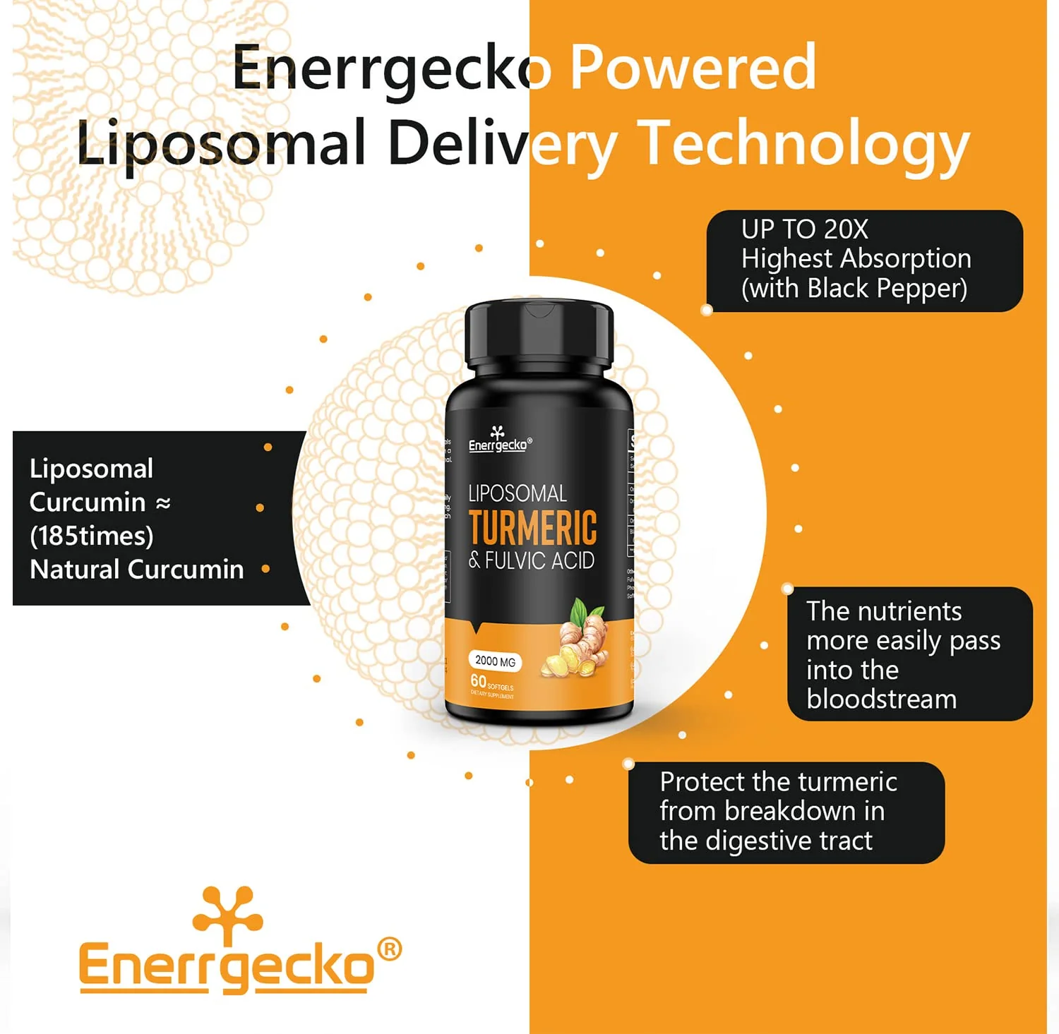 Enerrgecko 2000 mg Liposomal Turmeric Curcumin Softgels - Black Pepper & Ginger, Fulvic & Humic Acids, 3-Month Supply - Image 4