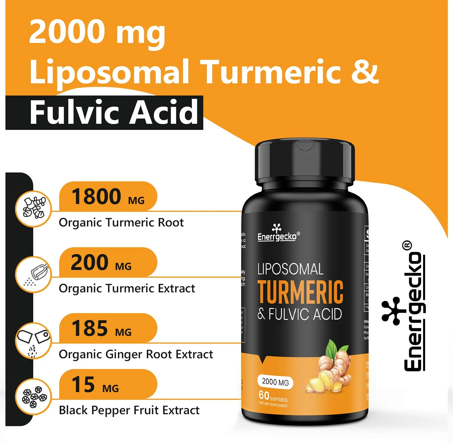Enerrgecko 2000 mg Liposomal Turmeric Curcumin Softgels - Black Pepper & Ginger, Fulvic & Humic Acids, 3-Month Supply - Image 9