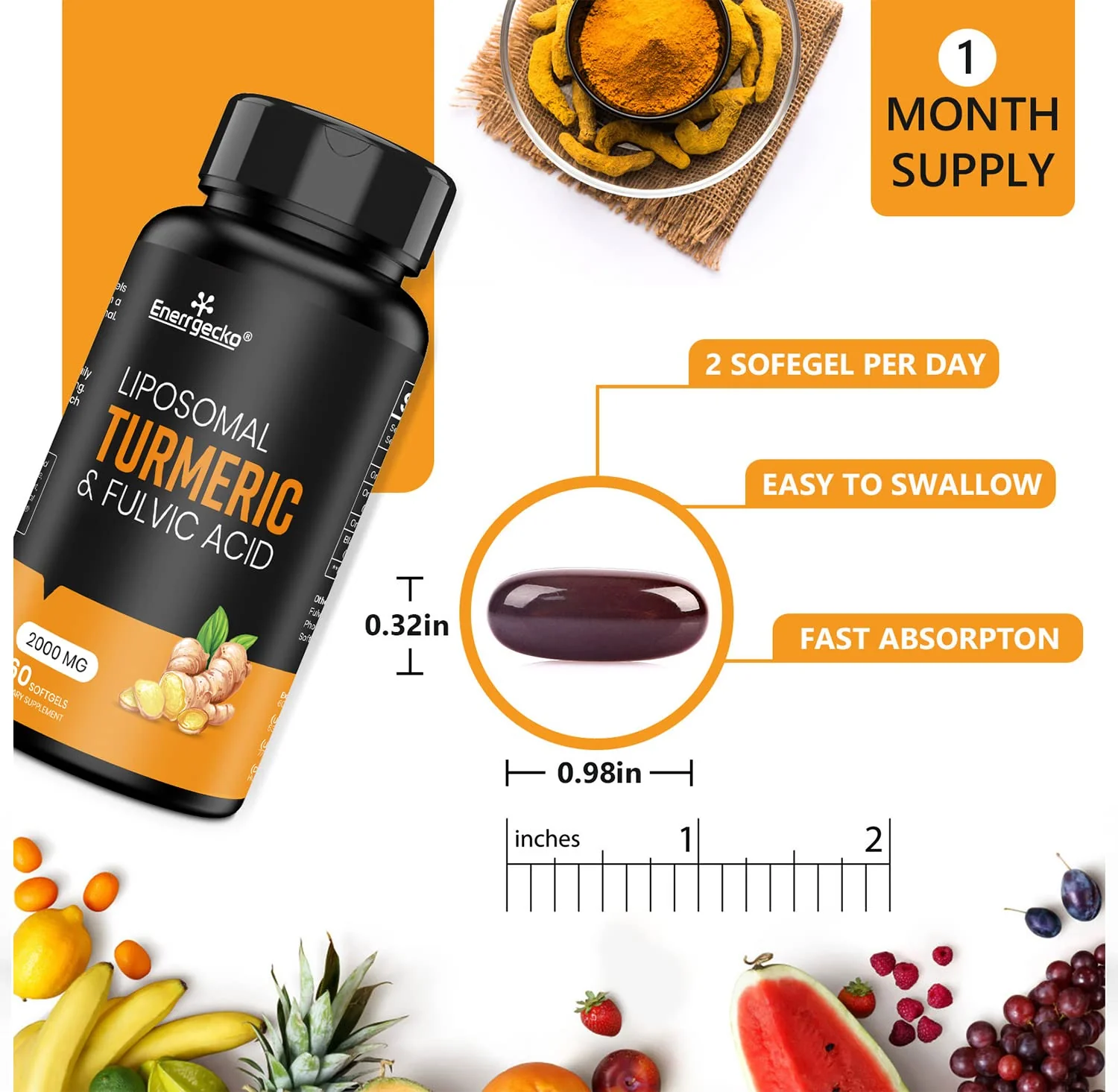 Enerrgecko 2000 mg Liposomal Turmeric Curcumin with Black Pepper & Ginger + Fulvic & Humic Acid — Pack of 4 - Image 3