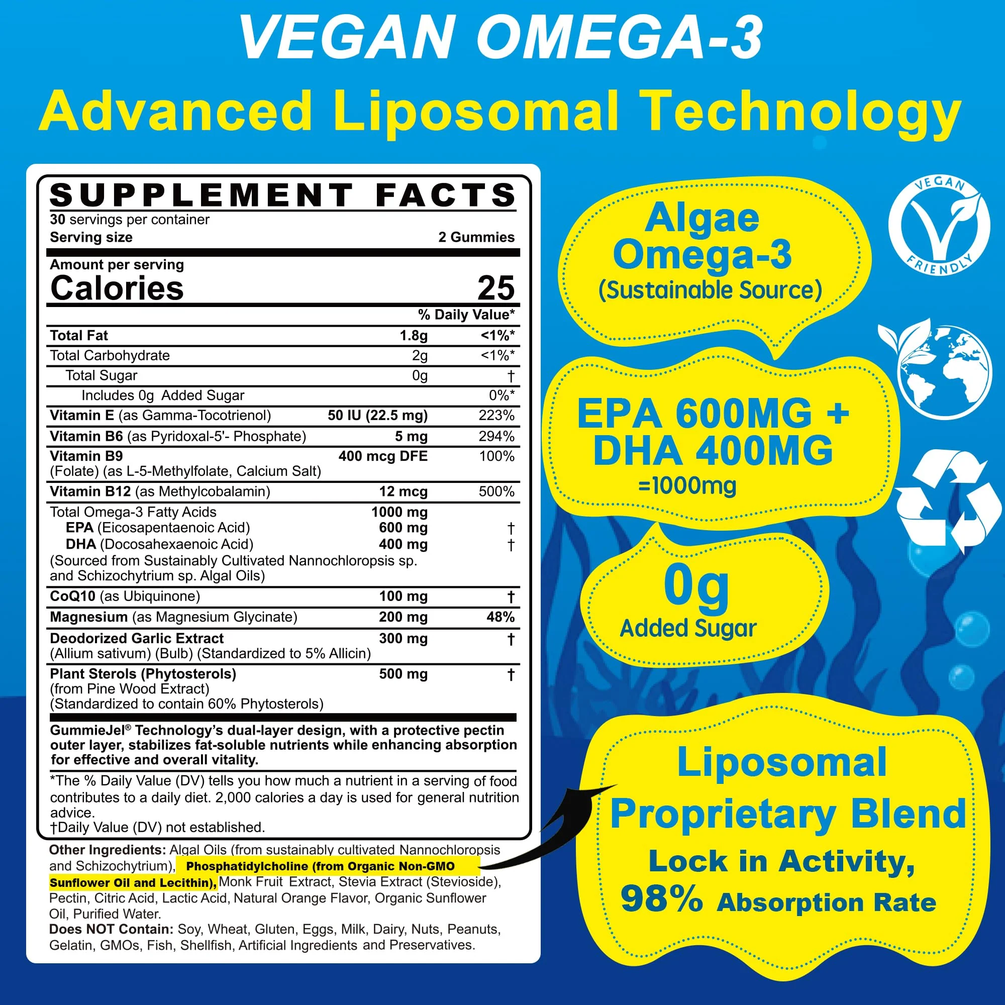 EnvyCure Vegan Omega-3 Gummies 1000mg + CoQ10 + Magnesium – EPA 600mg DHA 400mg, Liposomal Algae, 2-Pack - Image 2