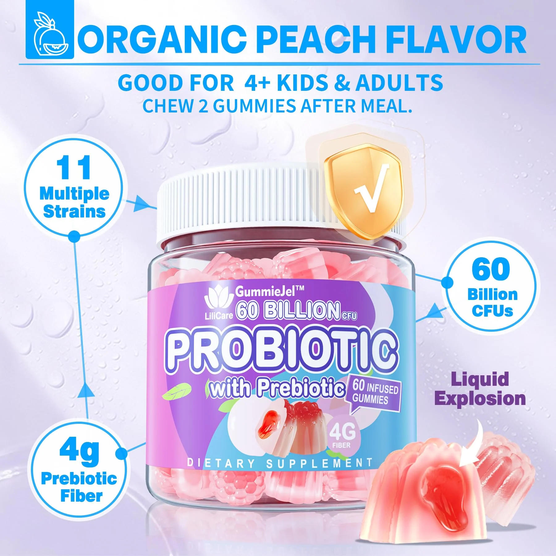 EnvyDeal Probiotic Gummies for Women & Men — 60B CFU, 11 Strains, Sugar Free, Peach, Vegan, 120 Count - Image 3