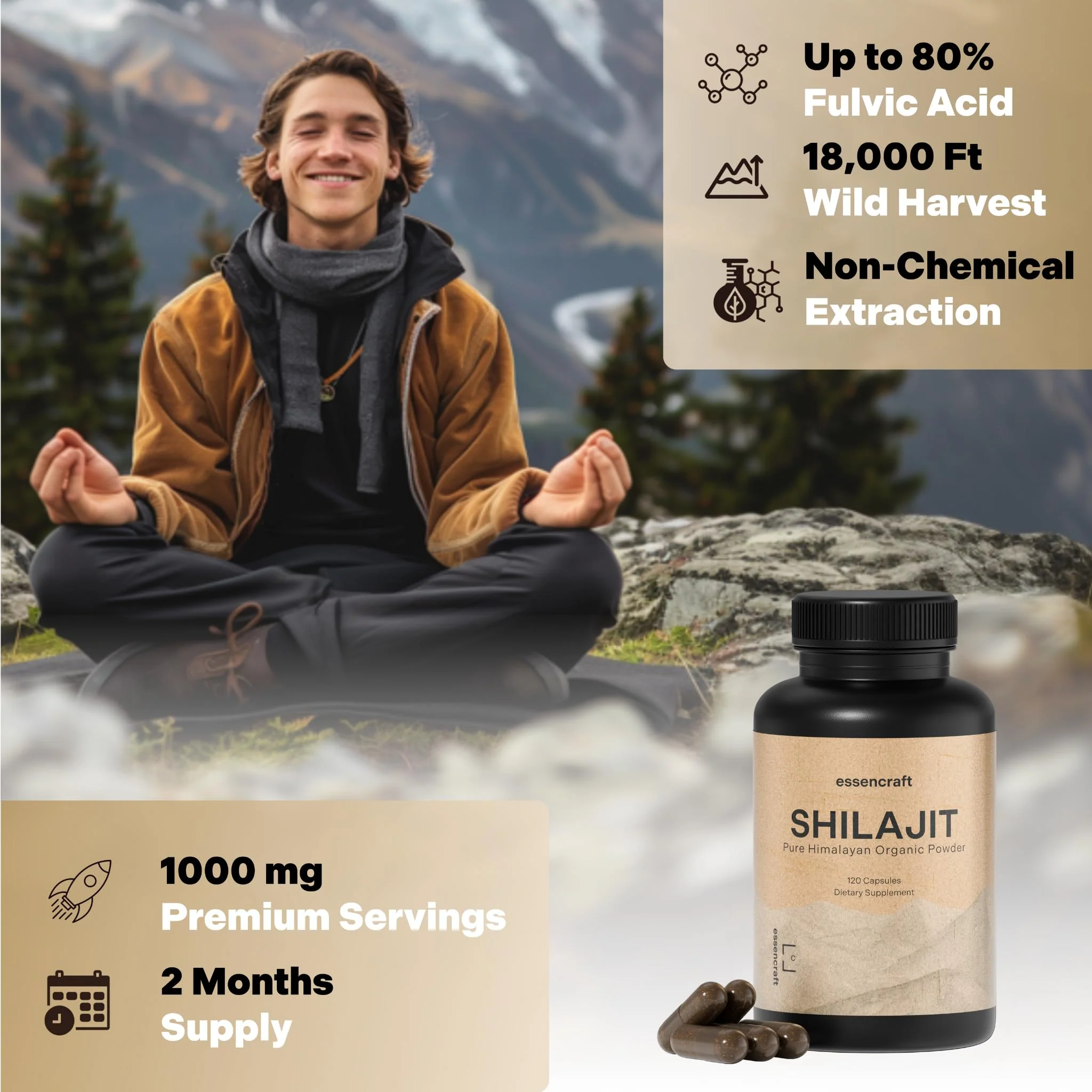 Essencraft Organic Himalayan Shilajit Resin Extract – 1000mg Max Potency, 85+ Minerals, Lab Tested, 2-Month Supply (120 Capsules) - Image 3
