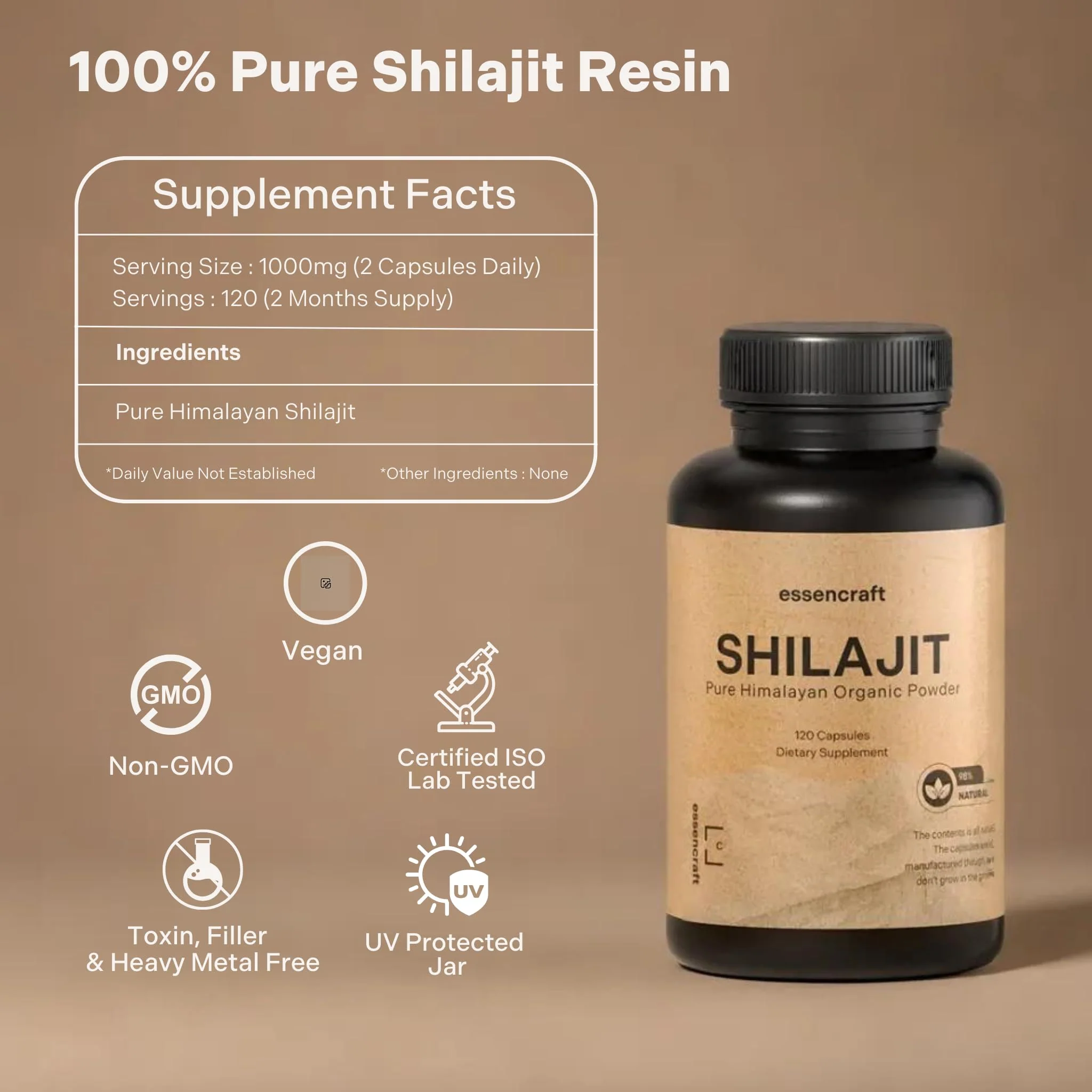 Essencraft Organic Himalayan Shilajit Resin Extract – 1000mg Max Potency, 85+ Minerals, Lab Tested, 2-Month Supply (120 Capsules) - Image 4