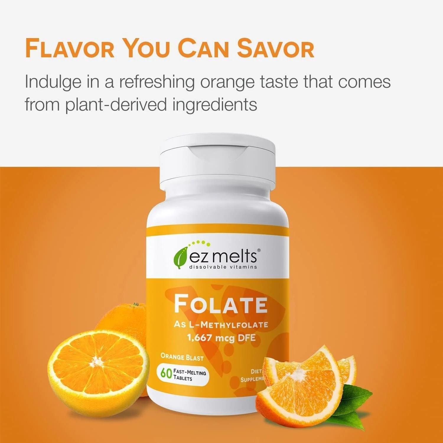 EZ Melts Folate 1,667 mcg DFE – Dissolvable, Methylated Folate for Heart Health & Fetal Development – Non-GMO, Vegan, Dairy-Free – Orange Blast (120 Servings) - Image 11