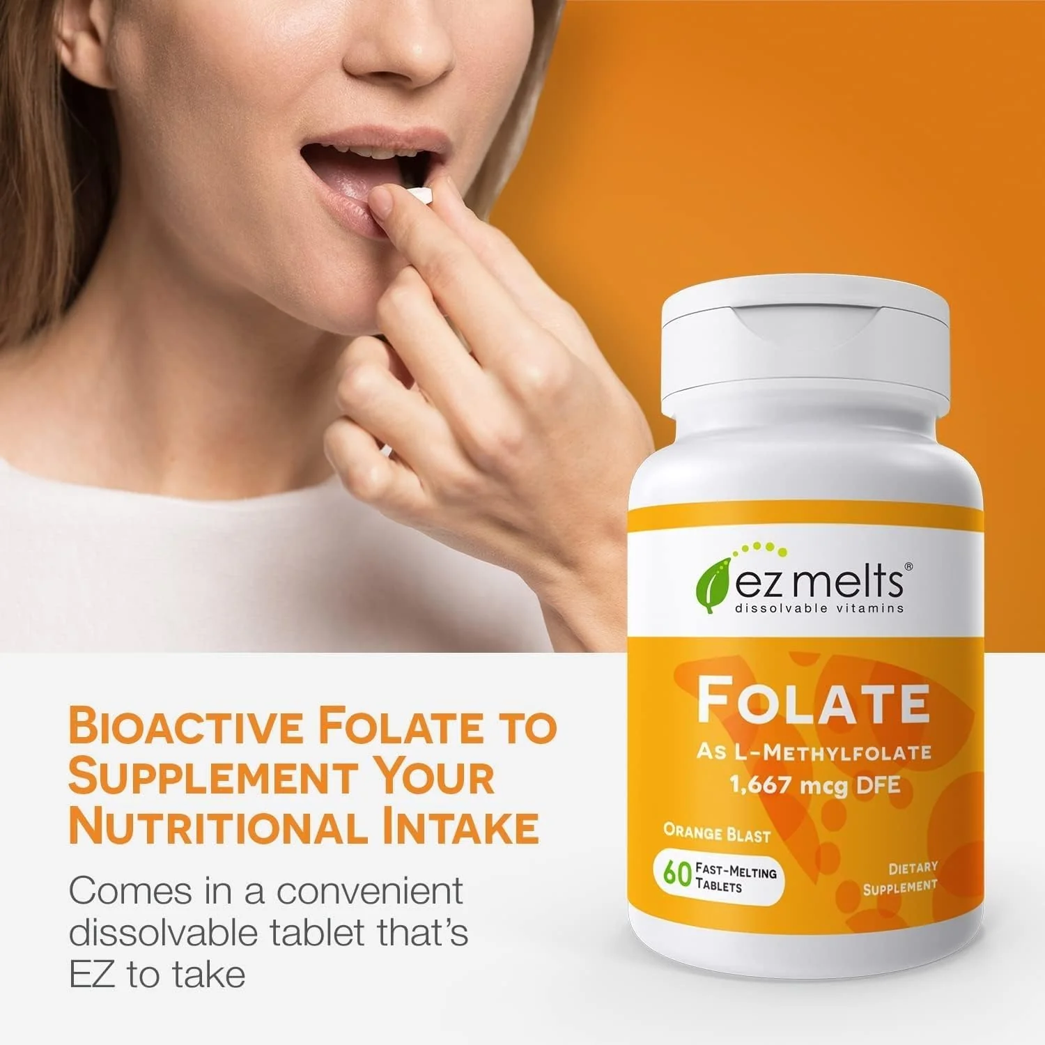 EZ Melts Folate 1,667 mcg DFE – Dissolvable, Methylated Folate for Heart Health & Fetal Development – Non-GMO, Vegan, Dairy-Free – Orange Blast (120 Servings) - Image 9