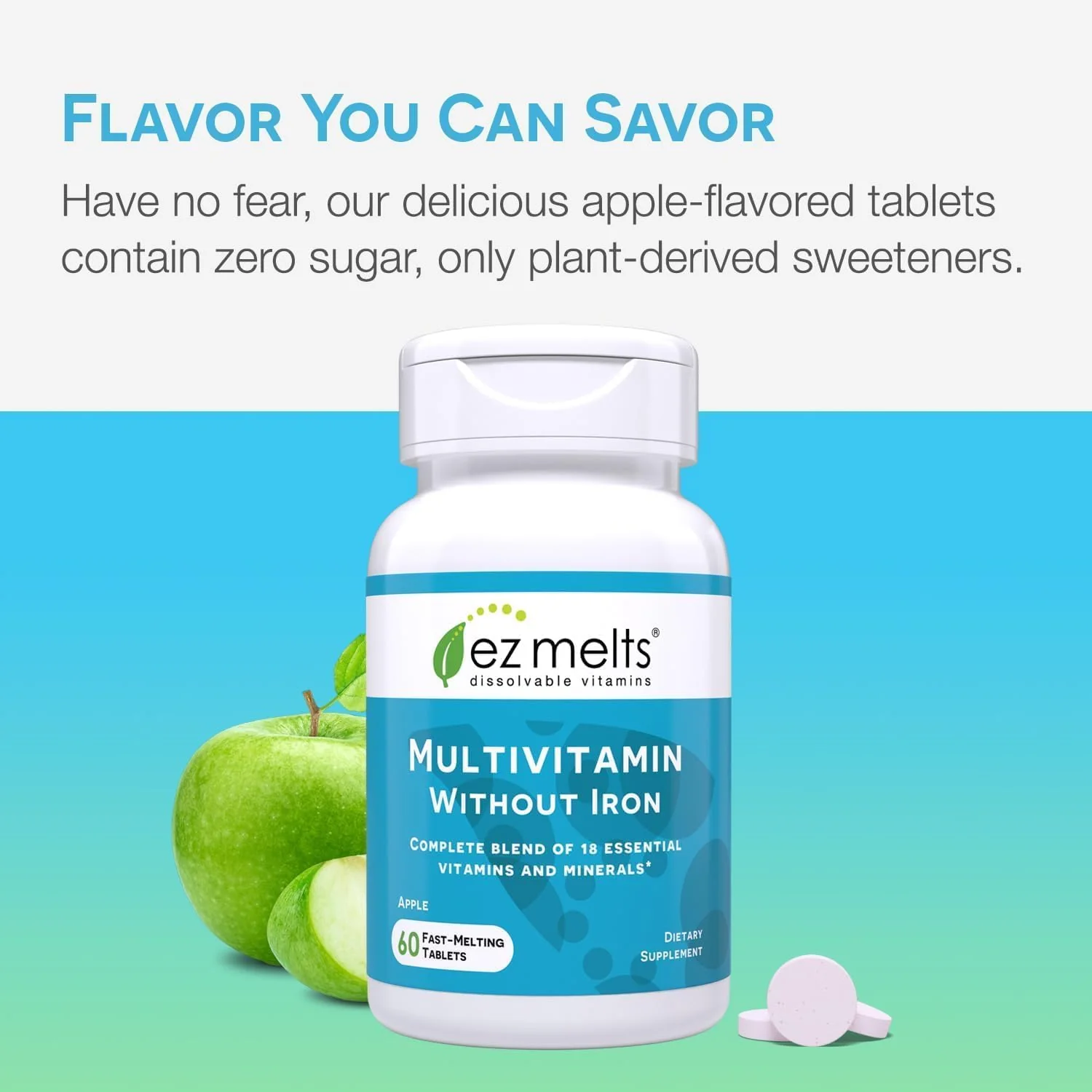 EZ Melts Multivitamin Without Iron – Apple Flavor, 18 Vitamins & Minerals, 120 Fast-Dissolve Tablets - Image 5