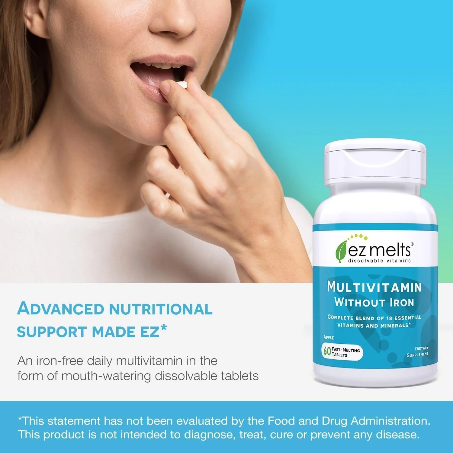 EZ Melts Multivitamin Without Iron – Apple Flavor, 18 Vitamins & Minerals, 120 Fast-Dissolve Tablets - Image 6