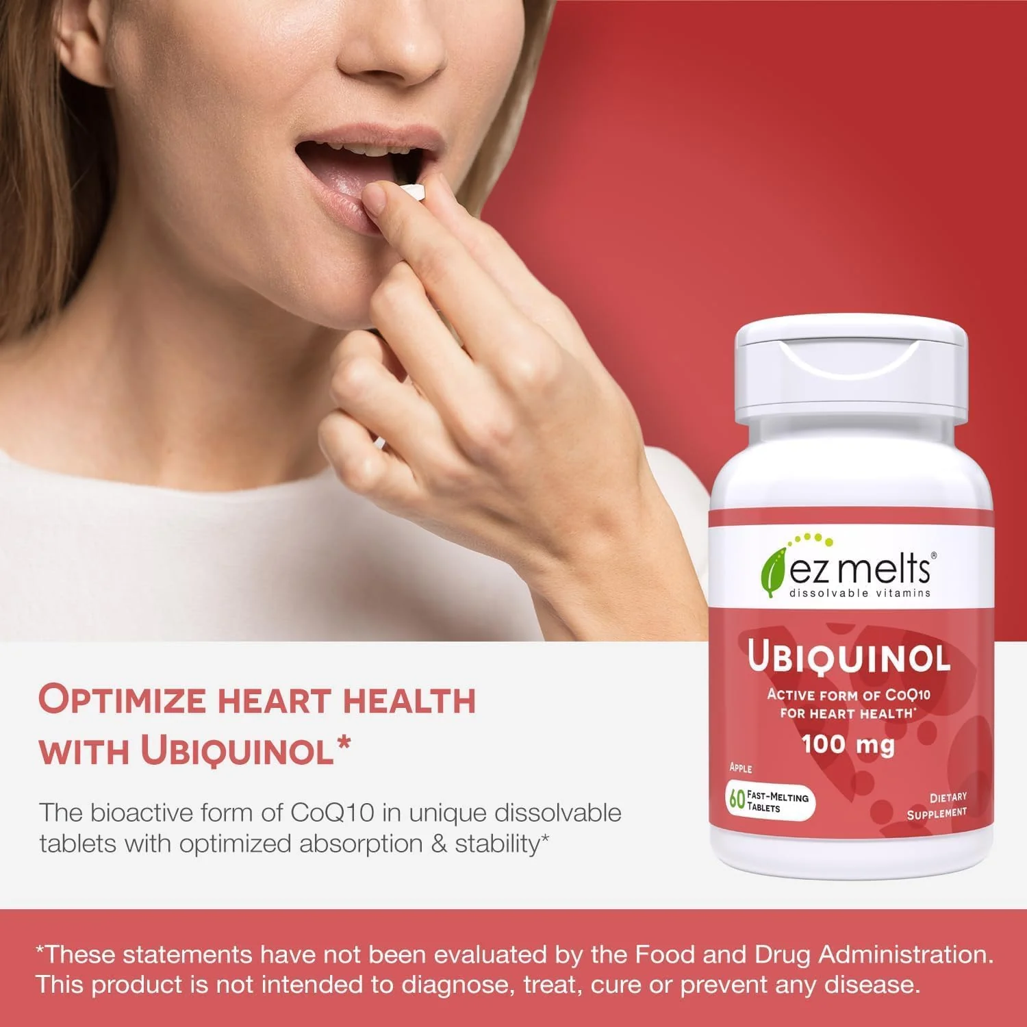 EZ Melts Ubiquinol 100 mg CoQ10—Heart Health & Energy Support, Apple Flavor, 120 Dissolvable Tablets - Image 6