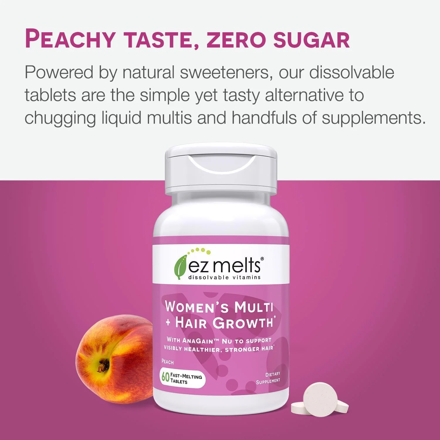 EZ Melts Women's Multi + Hair Growth – Peach Dissolvable Multivitamin for Women (60 Tablets) – Vegan & Non-GMO - Image 5
