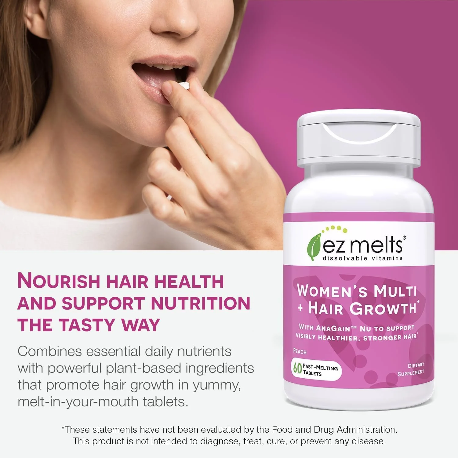EZ Melts Women's Multi + Hair Growth – Peach Dissolvable Multivitamin for Women (60 Tablets) – Vegan & Non-GMO - Image 6