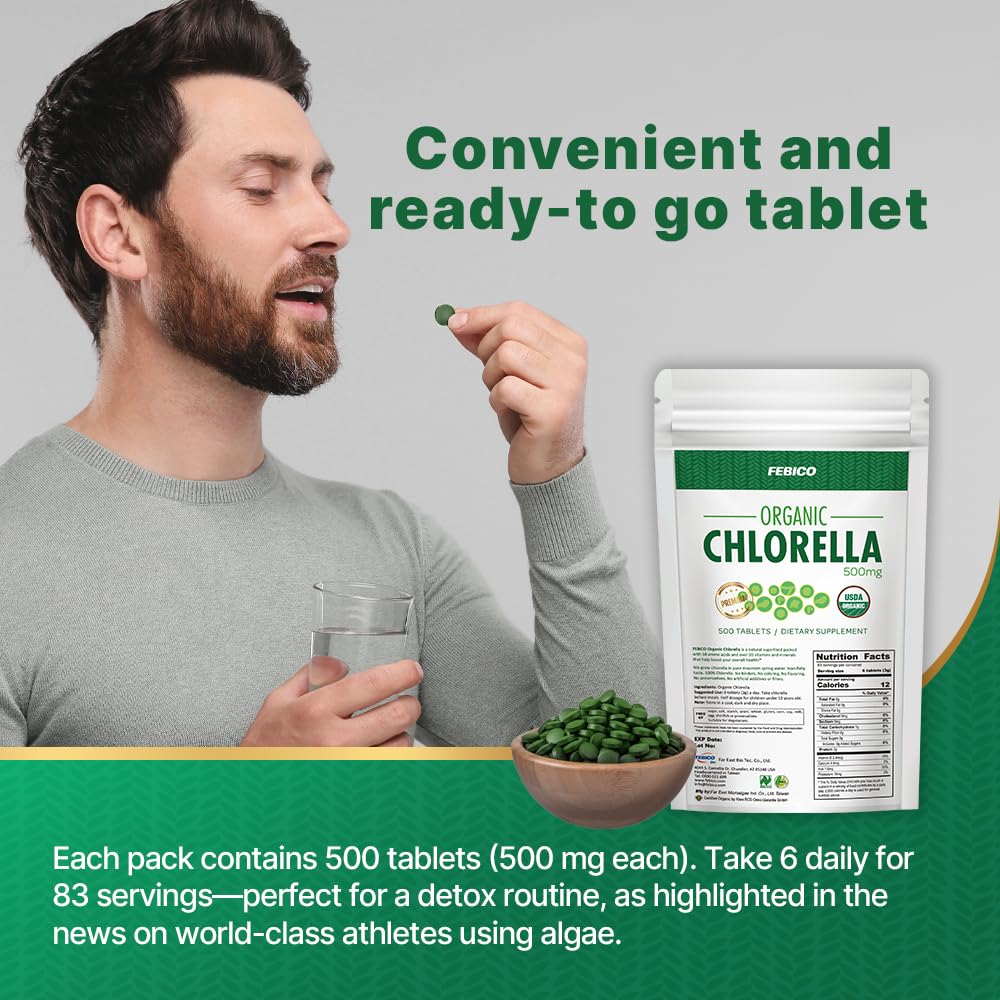 FEBICO Chlorella Tablets 500mg, 500ct – 83 Days, USDA Organic, Vegan, Non-GMO, Taiwan - Image 6
